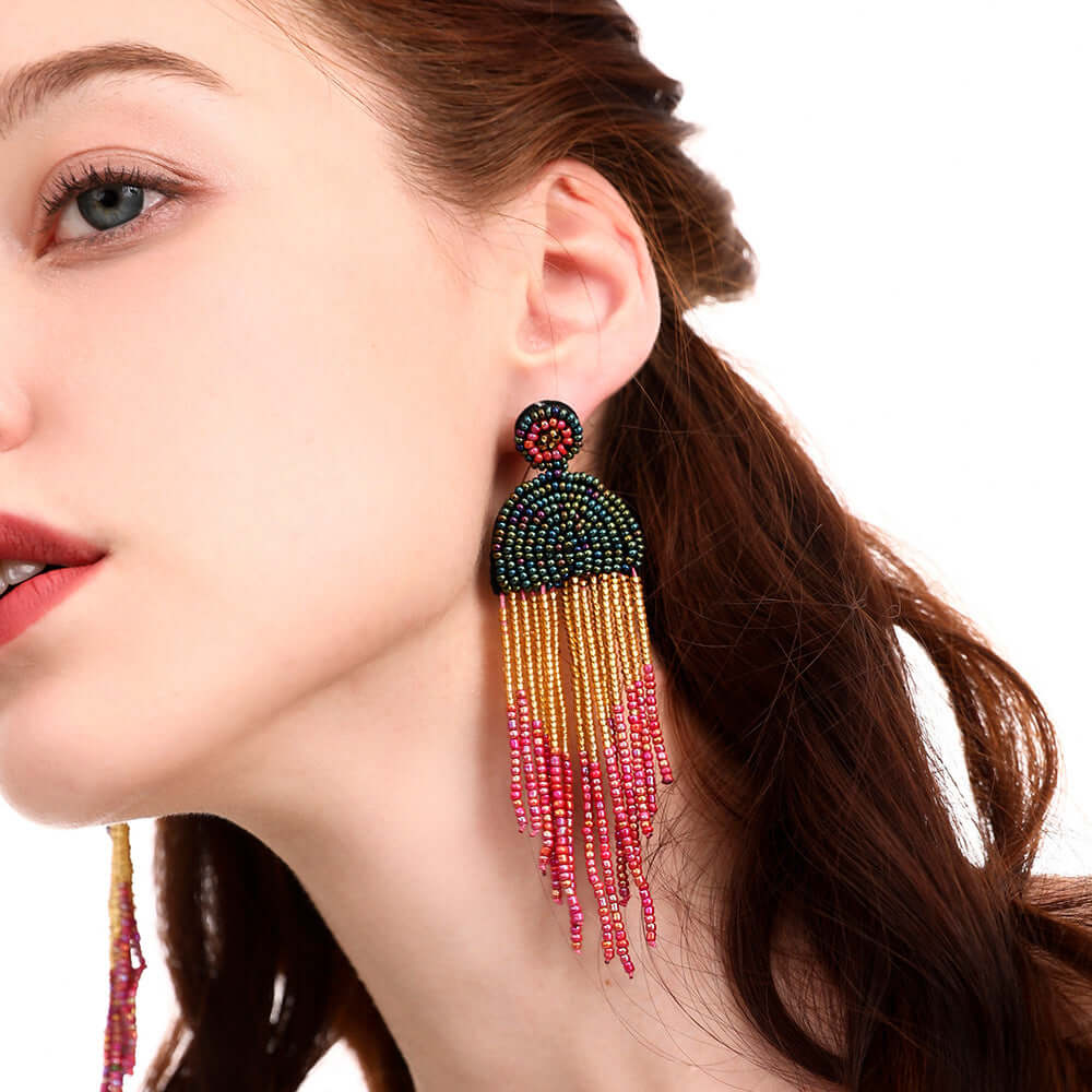 Bohemian Color Seed Beads Tassel Fringe Earrings for Women | Handmade Dangle Earrings with Natural Stones | Perfect for Festivals, Parties and Boho Fashion (Style E68671)