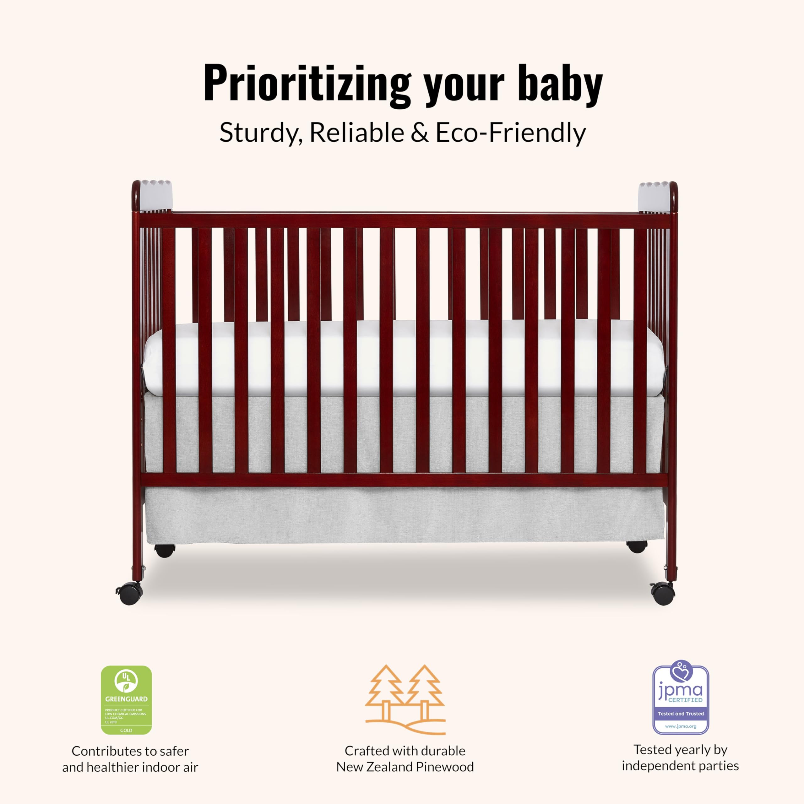 Dream On Me Carson Classic 3-in-1 Convertible Crib - Cherry GreenGuard Gold & JPMA Certified Baby Crib with Locking Wheels | Converts to Toddler Daybed & Kids Sofa | Safe Nursery Furniture for Newborns & Toddlers | Perfect for Baby Rooms, Daycare Centers & Guest Rooms