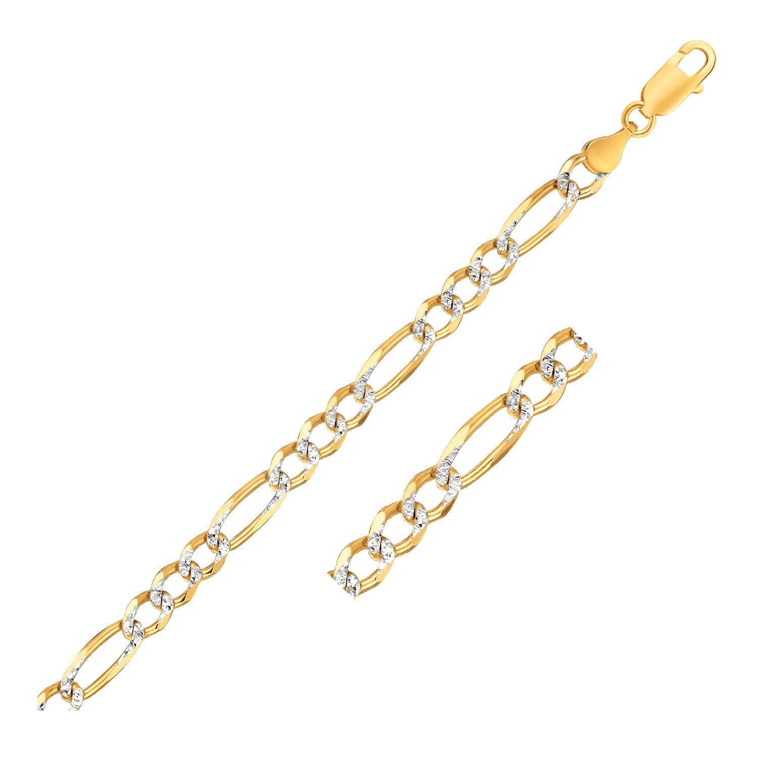 14K Yellow Two Tone Solid Pave Figaro Bracelet - 7.0mm Wide Luxury Chain Link Jewelry for Women, Perfect for Weddings, Parties & Everyday Elegance