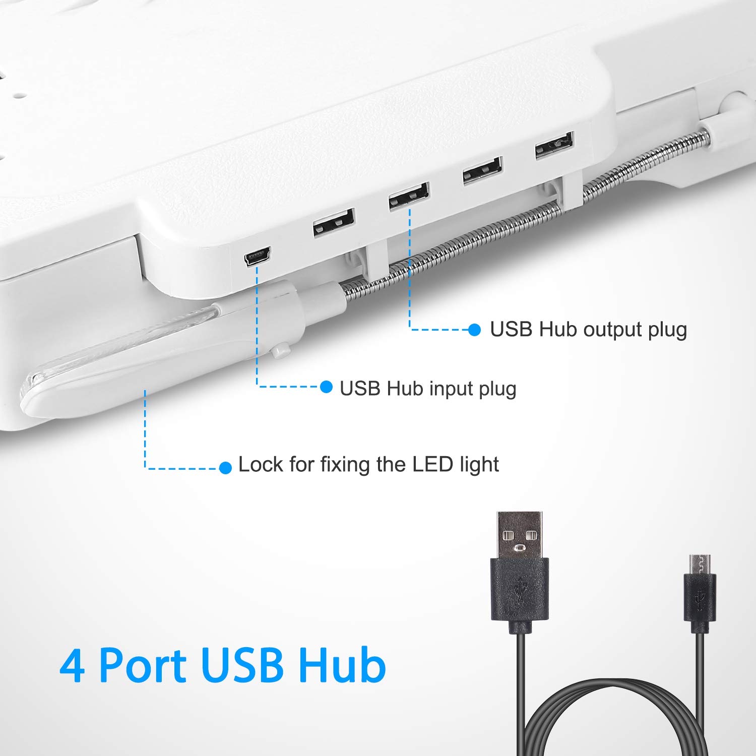 Adjustable Laptop Table for Bed with Cooling Fan - Portable Lap Desk with 4 USB Ports, Foldable Legs, LED Light & Mouse Pad - White - Perfect for Working, Studying or Watching Movies in Bed, Sofa or Couch