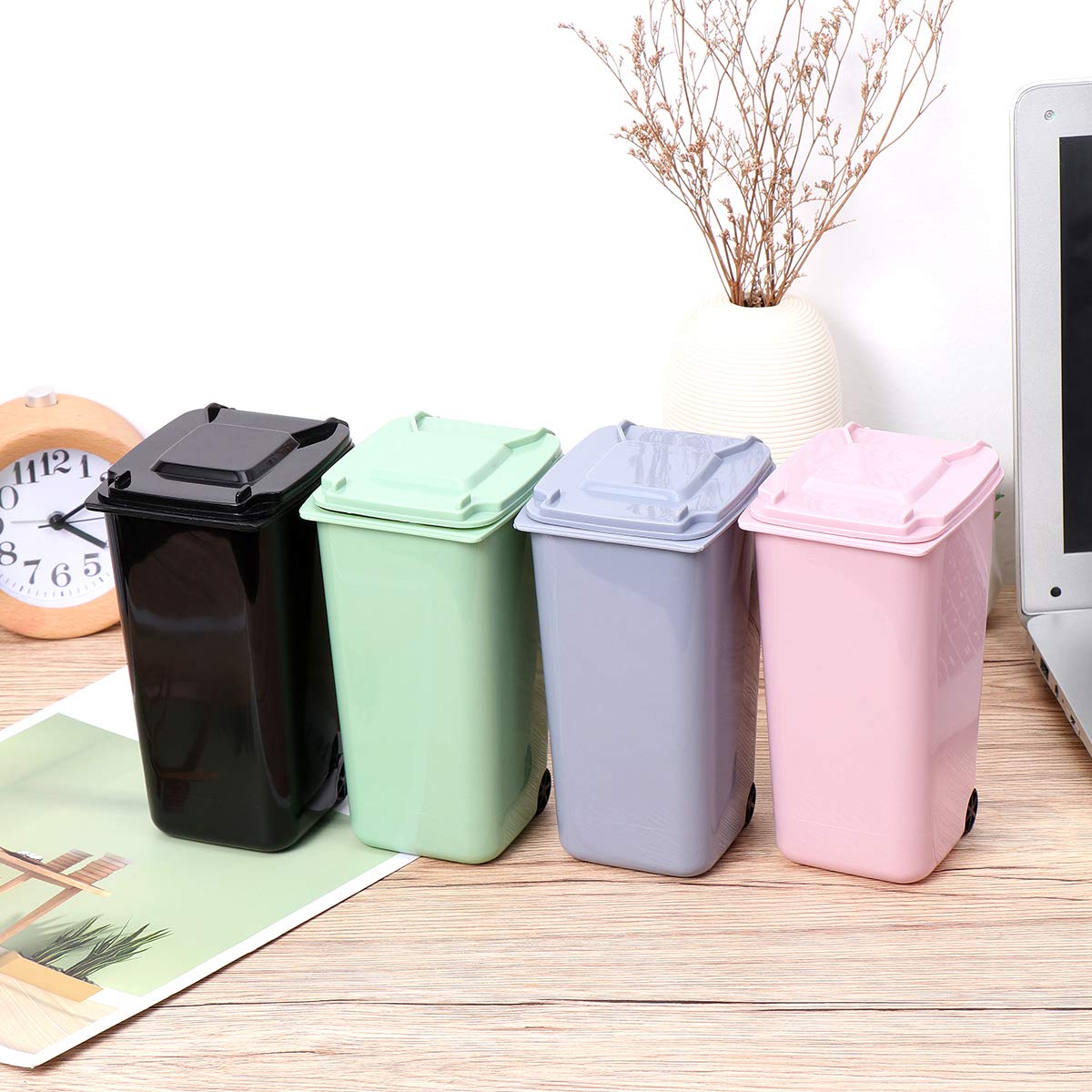 TOYMYTOY 4-Piece Mini Office Trash Can Set - Desktop Garbage Bin with Wheels & Lip Design, Pencil Holder for Home, Office, School & Dorm Organization - Perfect for Desks, Workstations & Study Areas