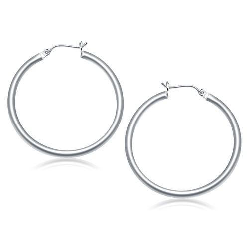 14K White Gold Polished Hoop Earrings - 40mm Diamond-Cut Design for Women | Elegant Everyday & Special Occasion Jewelry Gift