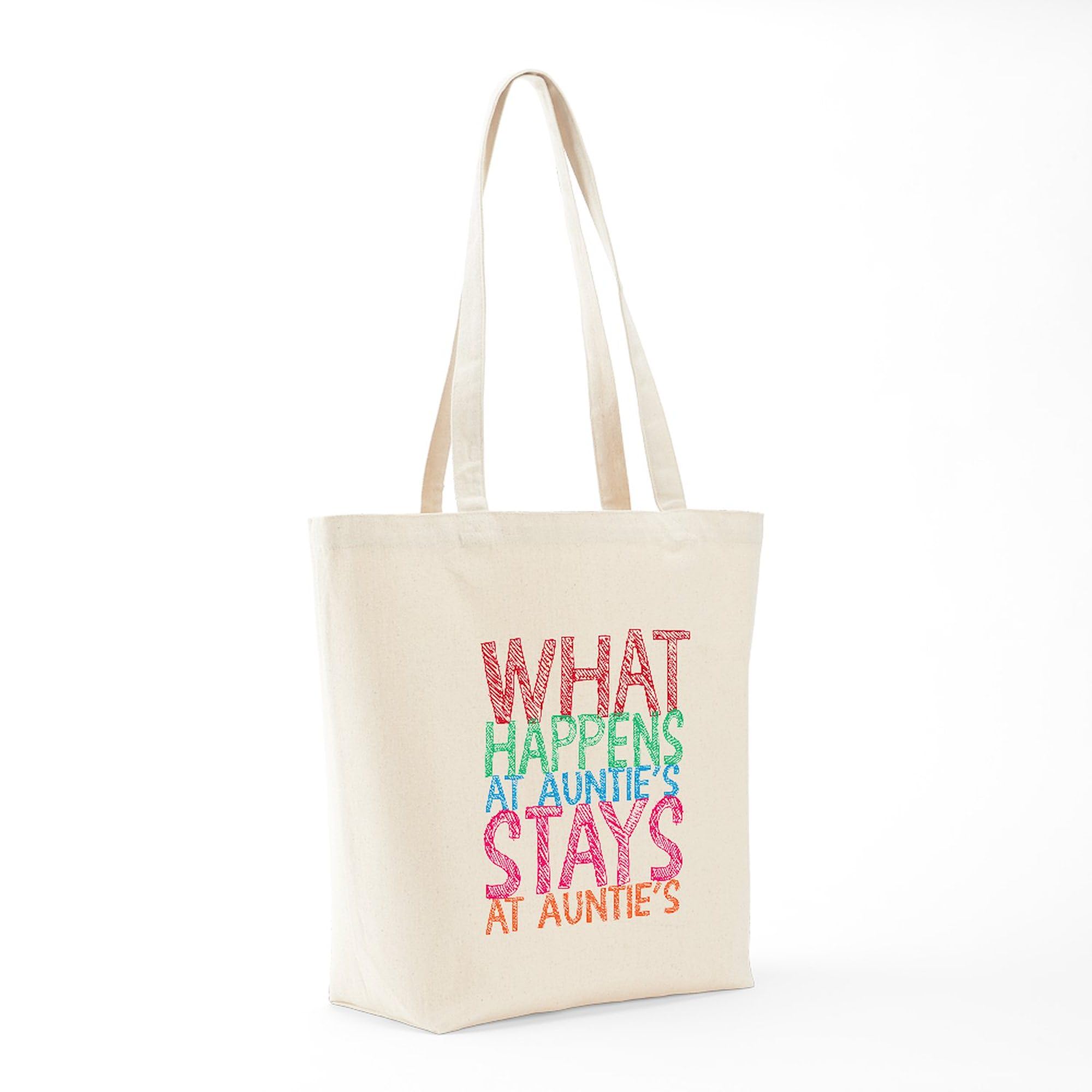 Reusable Natural Canvas Tote Bag - Funny 'What Happens At Auntie's' Design - Eco-Friendly Shopping Bag for Groceries, Beach, Work & Daily Use