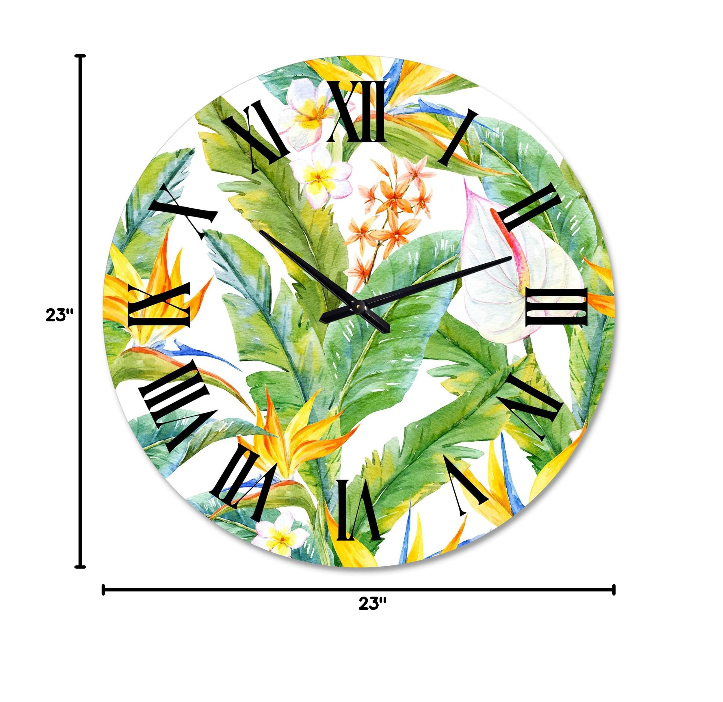 DesignQ Modern Wall Clock 'Tropical Foliage and Yellow Flowers II' - Large Floral Botanical Wall Clock for Kitchen, Living Room, Bedroom & Office Decor - Perfect for Home, Office and Gift Giving