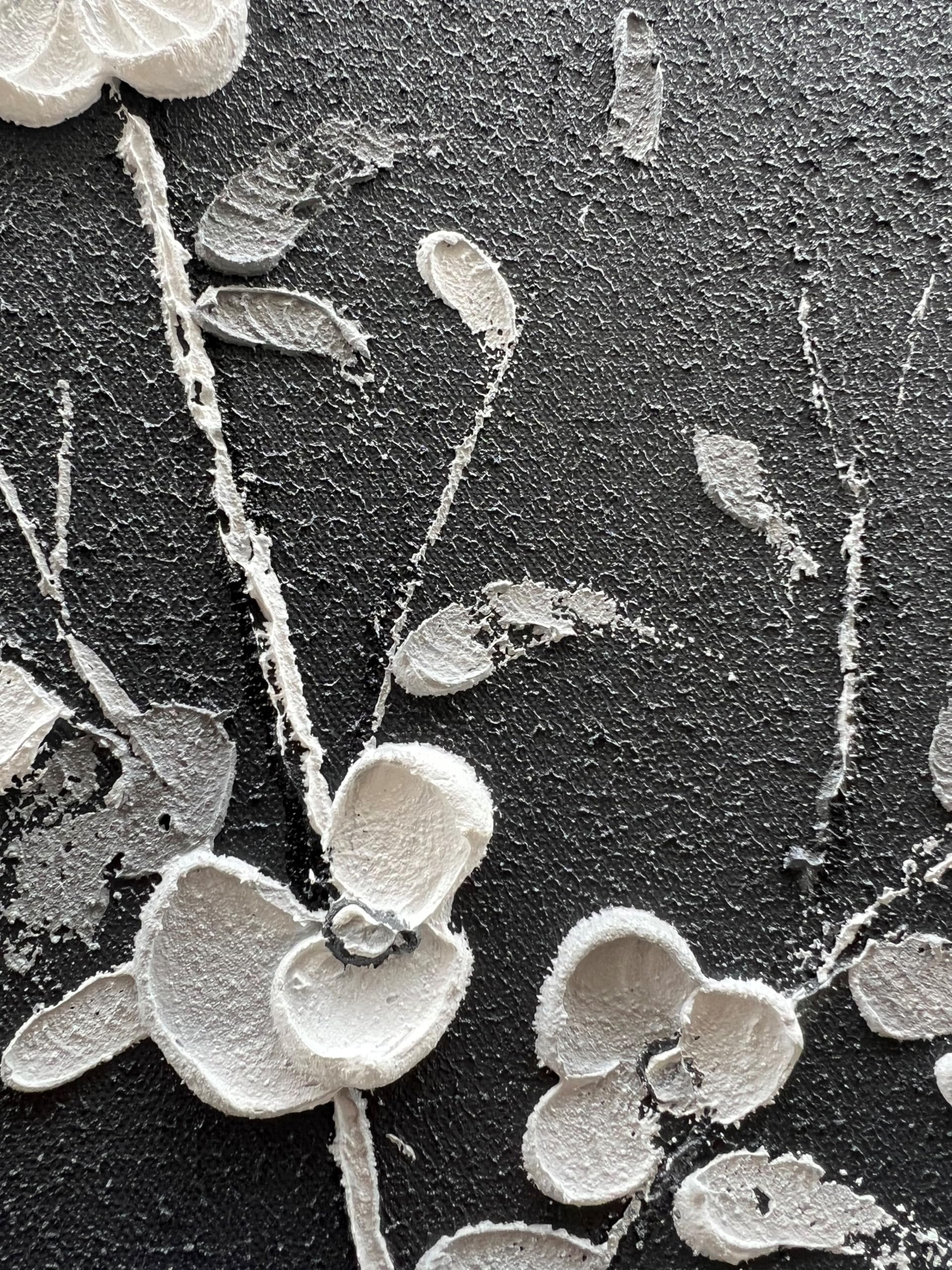 Hand Painted Modern Black and White Oil Painting - White Plum Blossom Wall Art - 24x48 Inch Canvas Home Decor for Living Room, Bedroom & Office