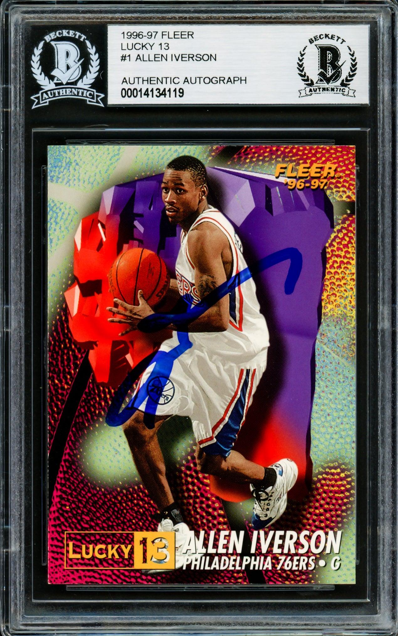 Allen Iverson Autographed 1996-97 Fleer Lucky 13 Rookie Card #1 Philadelphia 76ers Beckett BAS #14134119 - Rare Collectible Basketball Memorabilia for Fans & Investors - Perfect for Display, Gifts, and Sports Collections