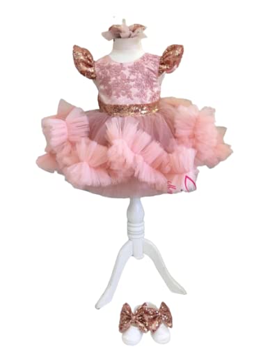 Gold Lace Baby Dress with Ruffles - Blush Pink Tutu Outfit for Toddler Girls | Birthday, Photography, Cake Smash & Pageant Dresses | Size 7 US Kids