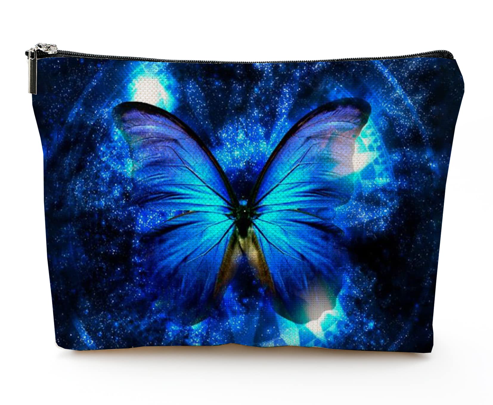 Large Travel Makeup Bag for Women - Waterproof Cosmetic Organizer with Zipper, 7x10 Inch Toiletry Pouch (Blue Butterfly Pattern) - Perfect for Vacation, Gym & Daily Essentials Storage