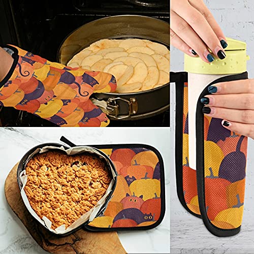 Orange Pumpkin Cat Oven Mitts & Pot Holder Set - Heat Resistant Kitchen Gloves for Baking, BBQ, Grilling - Fall Halloween Kitchen Decor - Eco-Friendly Recycled Material - Perfect for Thanksgiving, Christmas Cooking & Home Decor
