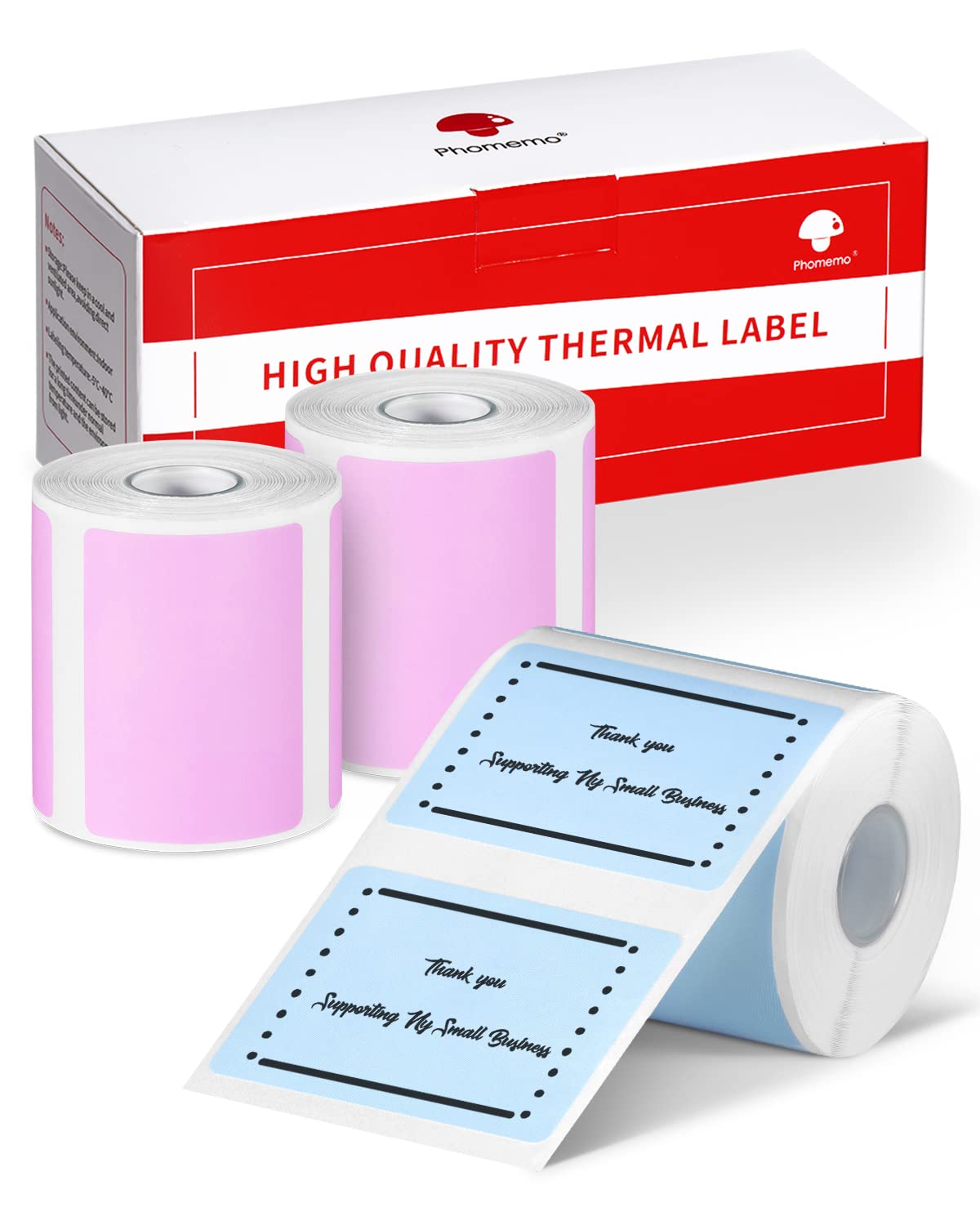 Phomemo M120 M220 Label Paper - Thermal Color Sticker Labels for M110 M120 M220 Label Printers, 1.57x1.18 Inch Self-Adhesive Multipurpose Labels - 2 Pink Rolls + 1 Blue Roll (230 Labels/Roll) - Perfect for Shipping, Organizing & Small Business Inventory