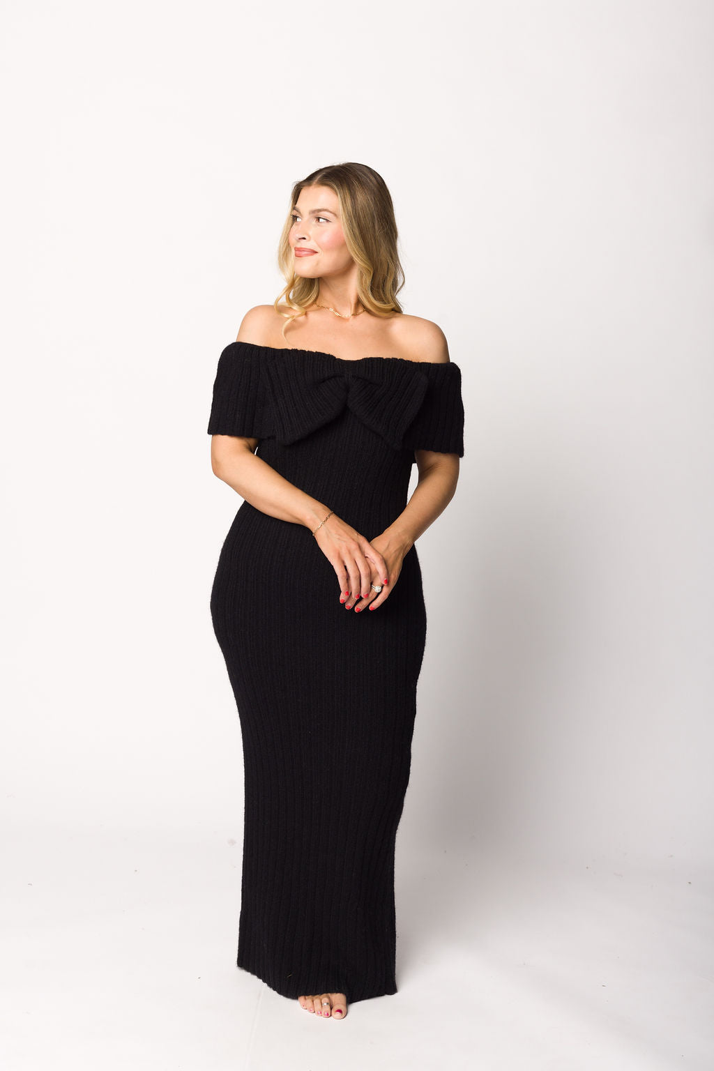 Aston Black Bow Front Maxi Sweater Dress - Bump Friendly Maternity Wear for Pregnancy, Nursing & Everyday Comfort | Plus Size Options Available