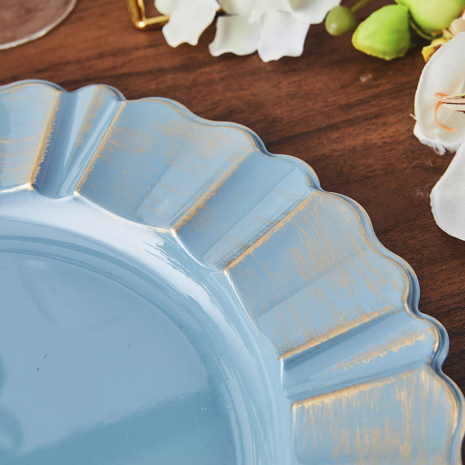 Set of 6 - 13 Inch Round Charger Plates with Wavy Scalloped Edge for Weddings, Parties & Formal Dining - Elegant Dusty Blue Tableware Decor