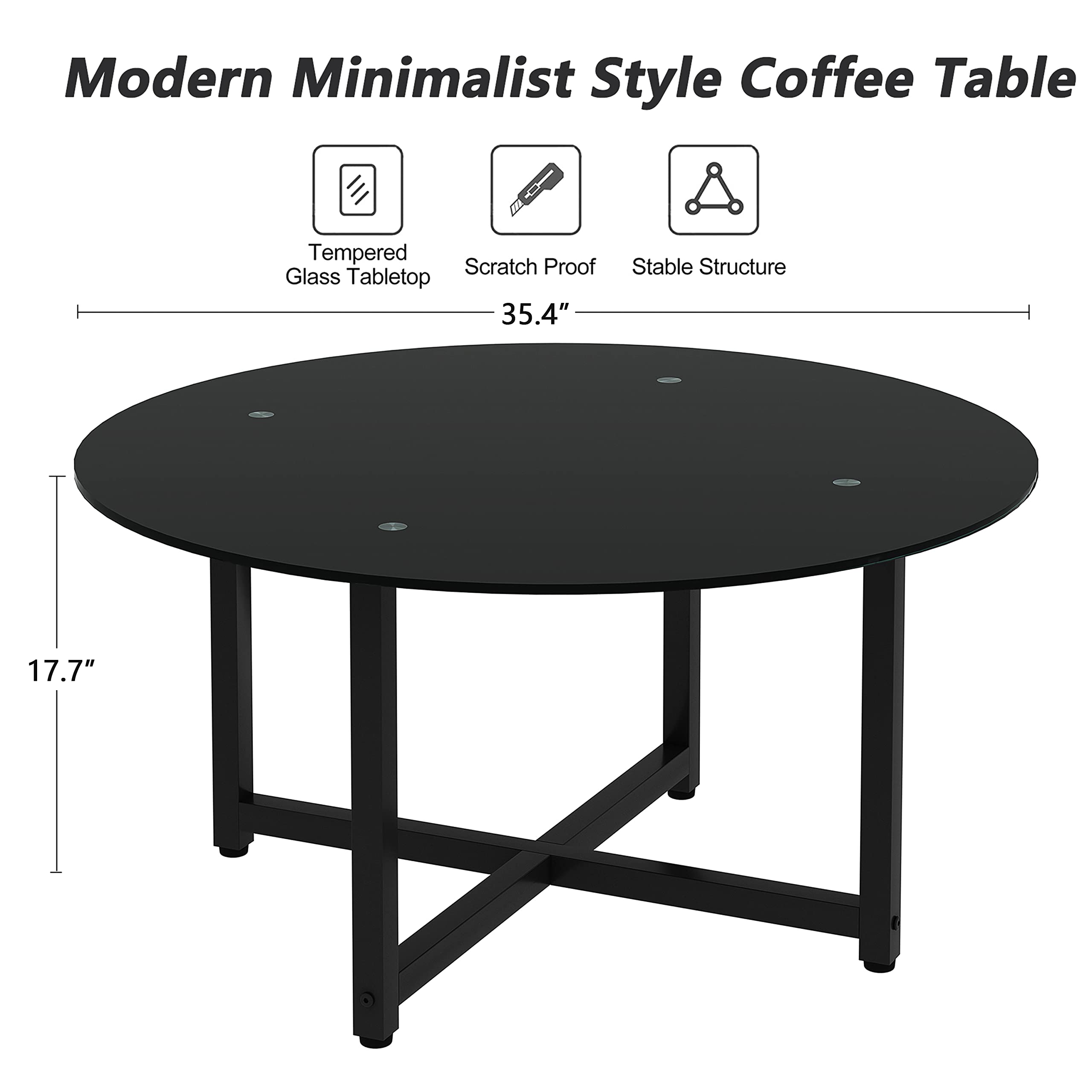 Modern Round Glass Coffee Table with Black Tempered Glass Top & Metal Legs - Stylish Center Table for Living Room, Office & Lounge Areas - Perfect for Home Decor, Entertaining Guests & Workspace Accent