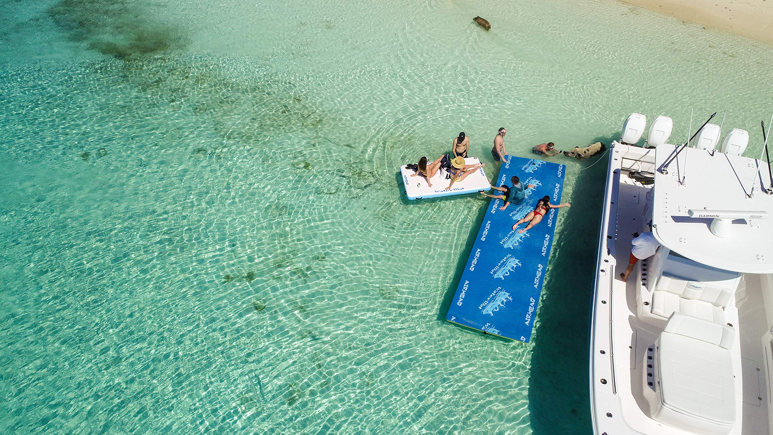Airhead WATERMAT AIR Inflatable Floating Deck - 8ft with Pump for Lakes, Pools & Beaches - White & Blue Water Mat for Relaxation & Fun