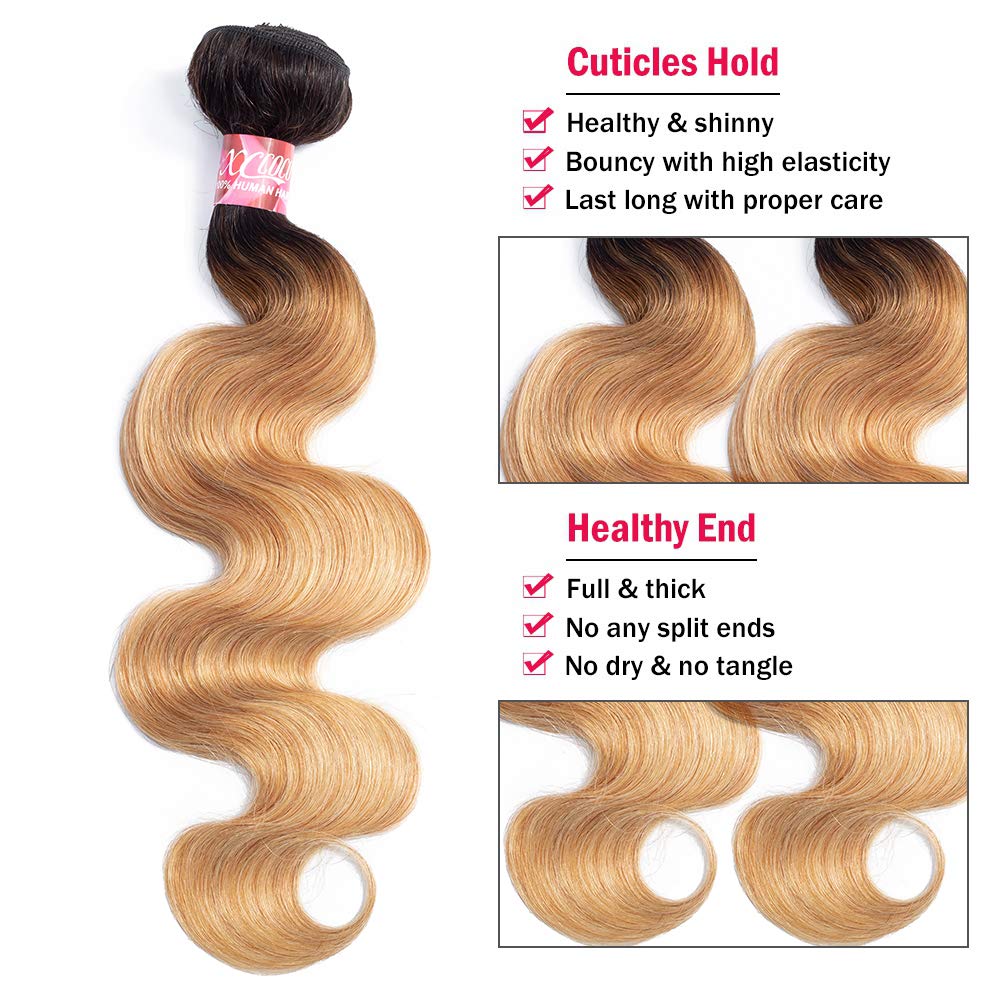 XCCOCO Ombre Body Wave Human Hair Bundles with Closure T1B/27 Dark Roots Blonde - 100% Peruvian Virgin Remy Hair Extensions (10+10+12+10inch) for Natural Look & Styling - Perfect for Parties, Weddings & Daily Wear