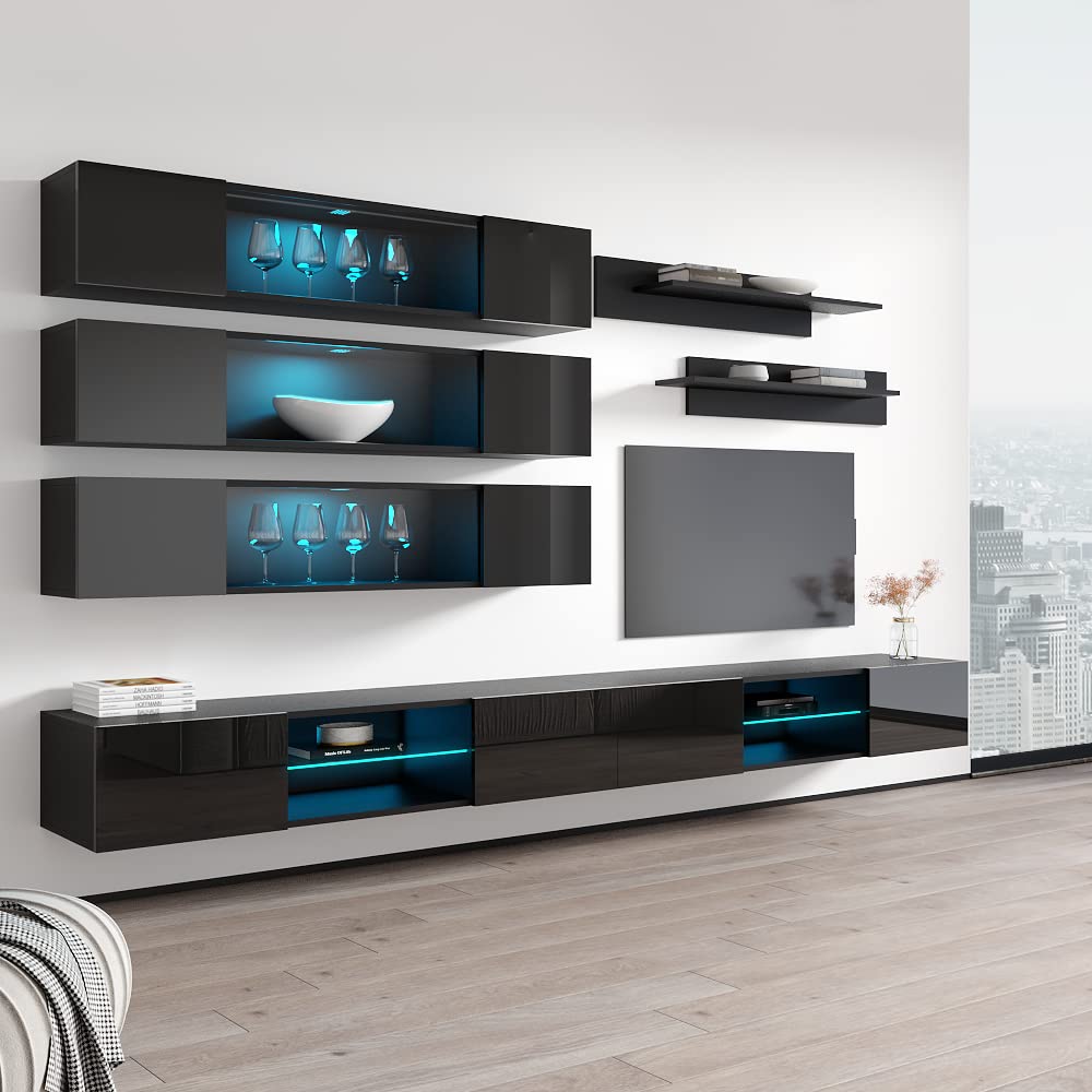 Modern Floating TV Stand with Storage & LED Lights - Wall-Mounted Entertainment Center for Living Room & Bedroom - Black J3 33TV Console with Shelves - Perfect for Small Spaces & Home Theater Setup