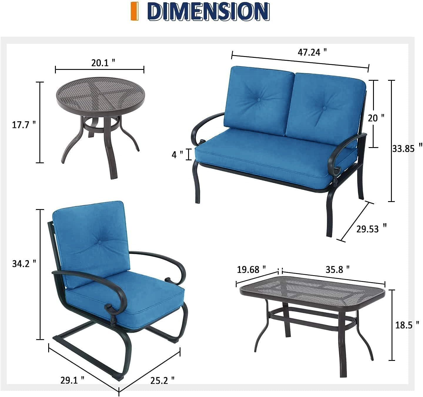 5-Piece Outdoor Patio Furniture Conversation Set - Wrought Iron Bistro Set with Loveseat, 2 Spring Chairs & 2 Tables (Peacock Blue Cushion) - Perfect for Garden, Backyard, Balcony or Poolside Relaxation