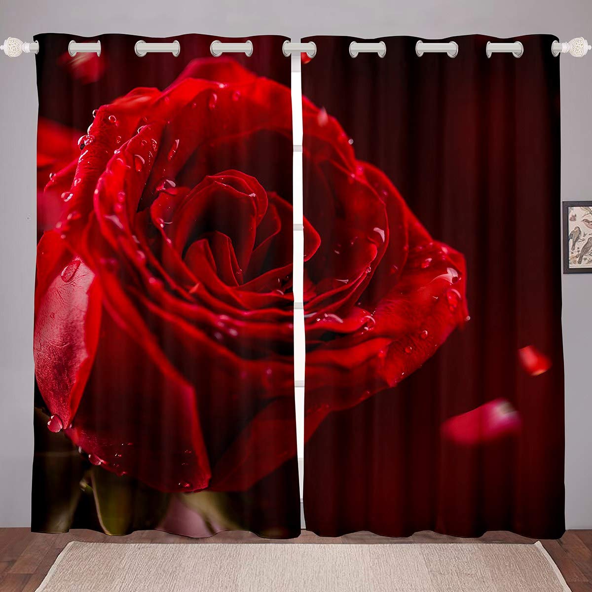 Feelyou 3D Rose Floral Print Window Curtains - 38x45 Inch Blackout Drapes for Bedroom & Living Room - Romantic Rose Design for Girls, Couples Valentine's Day Decor - Perfect for Home, Apartment & Wedding Decorations