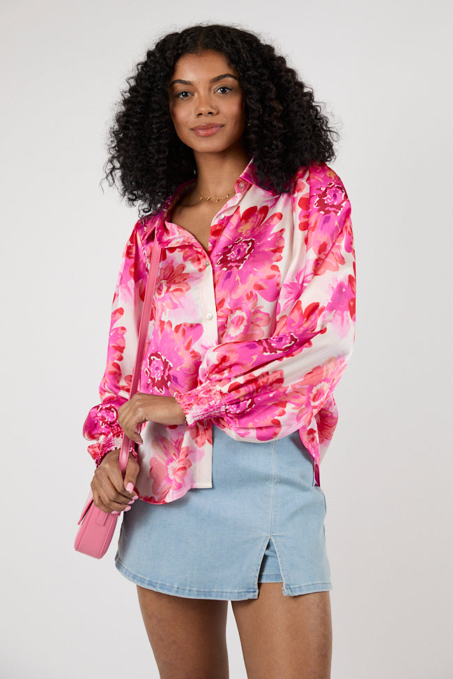 Elegant Rose Floral Satin Button Down Blouse for Women | Perfect for Office, Date Night & Special Occasions | Final Sale