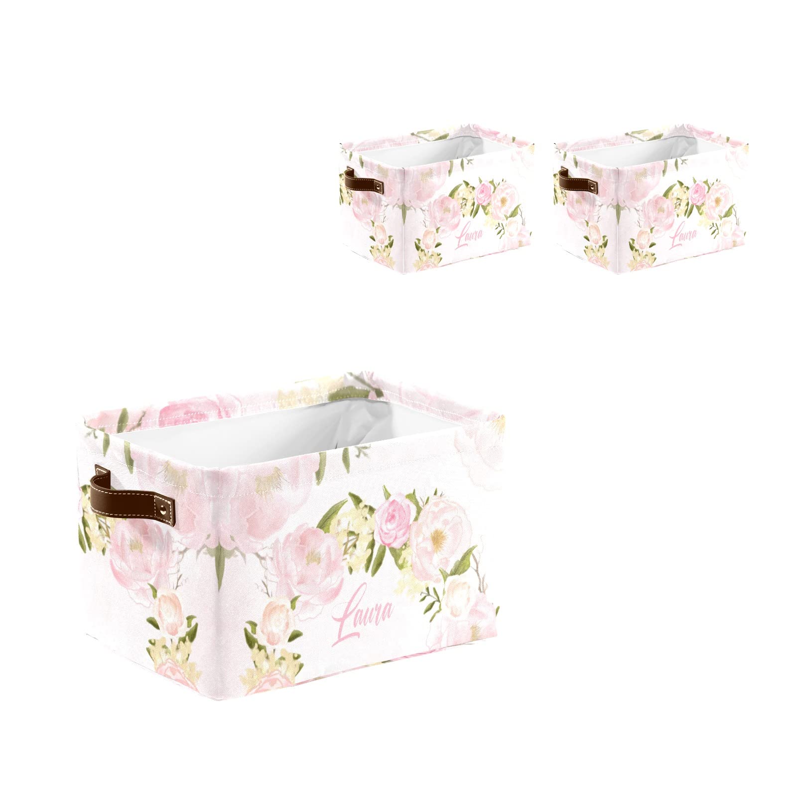 Personalized Pink Floral Storage Bins with Handles - 2 Pack Custom Text Closet Organizers for Bedroom, Bathroom & Nursery Organization
