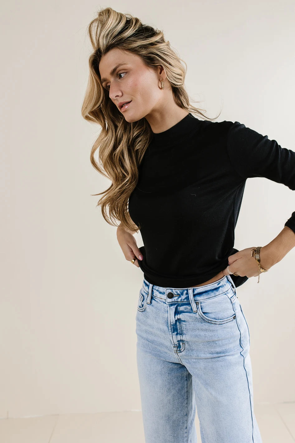Alani Mock Neck Top for Women - Black Stretch Knit Long Sleeve Shirt | Slim Fit Work Blouse & Casual Wear | Perfect for Office, Date Night & Everyday Outfits
