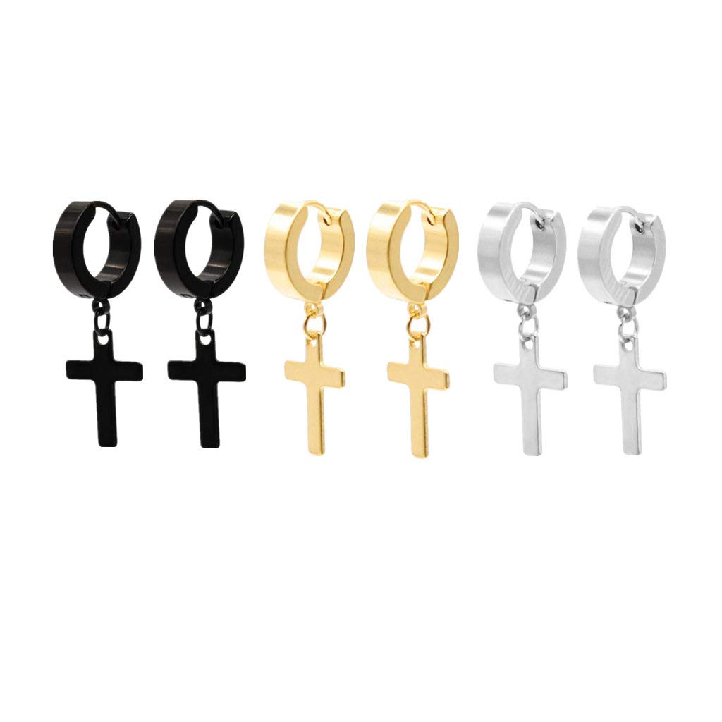 Stainless Steel Cross Dangle Tassel Earrings Set of 3 Pairs - Round Tunnel Gauges Screw Stud Earrings for Men & Women - Perfect for Parties, Gifts, and Everyday Wear