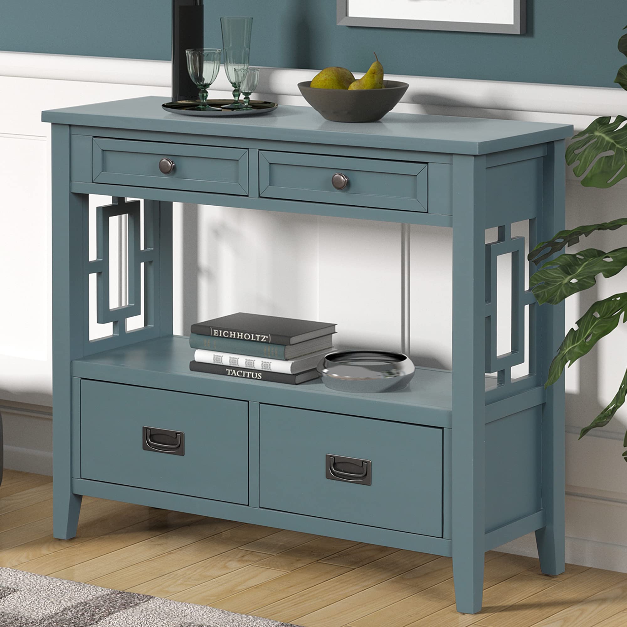 Quarte Retro Style Console Table - Entryway Hallway Sofa Table with 4 Drawers & 1 Shelf, Thick Wood Accent Side Table for Living Room, Bedroom - Easy Assembly (Light Blue) | Perfect for Small Spaces, Apartment Decor & Farmhouse Style Homes