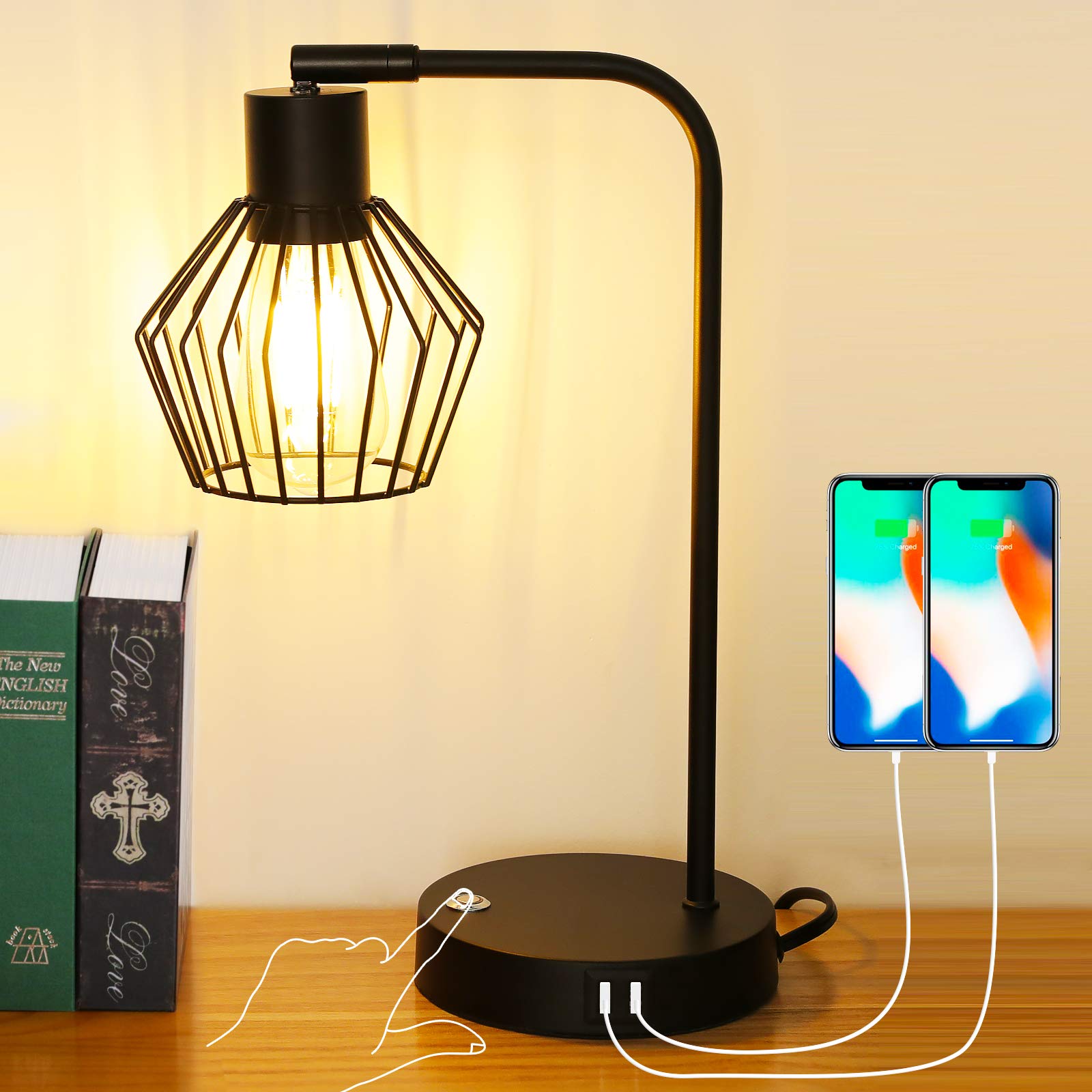 Zorykn Industrial Desk Lamp - 3-Way Dimmable Touch Control Table Lamp with Dual USB Charging Ports, Vintage Metal Rustic Design for Bedroom & Office, Includes Edison Bulb (Black) | Perfect for Reading, Working & Nightstand Lighting