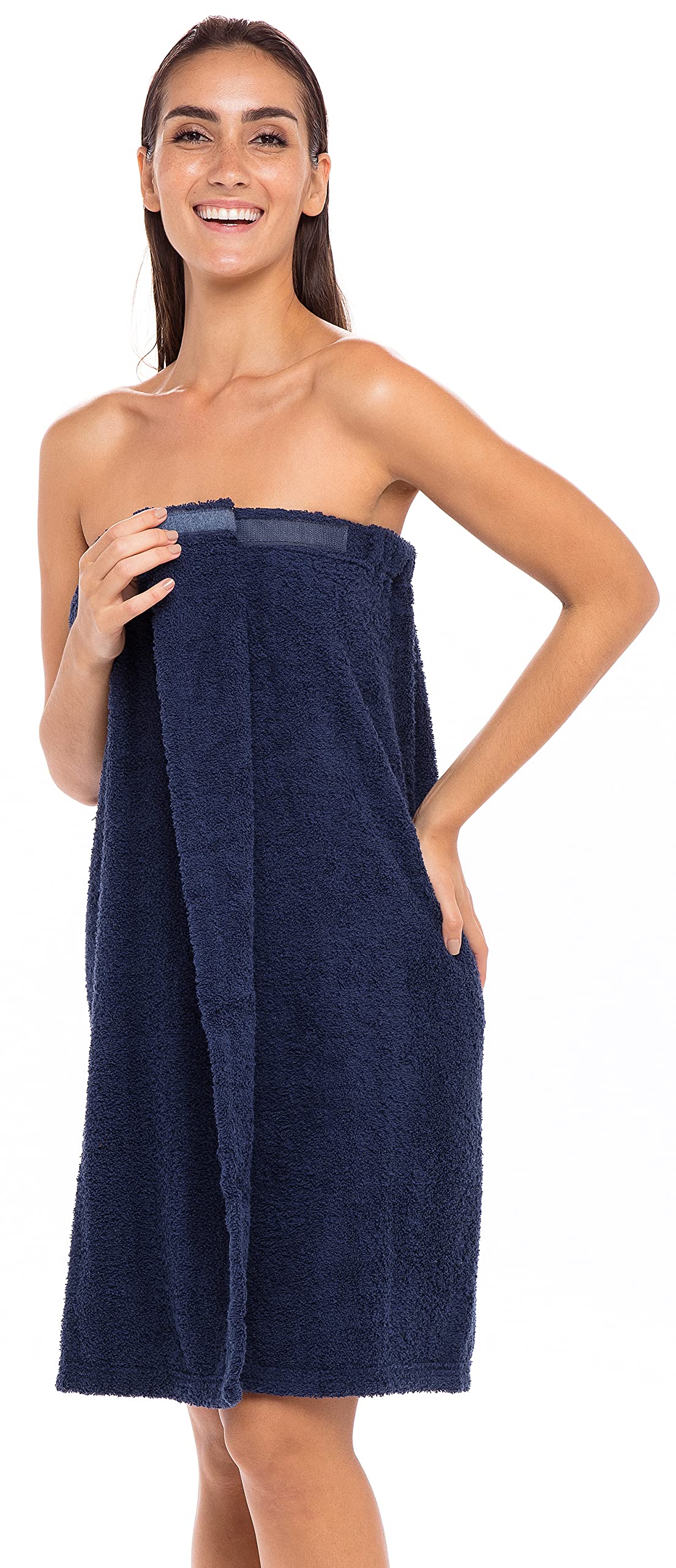 Skylinewears Women's Soft Absorbent Terry Cotton Spa Bath Towel Wrap - Adjustable Closure Shower Robe for Women, Post-Swim Cover Up, Beach Pool Accessory (Navy, S/M)