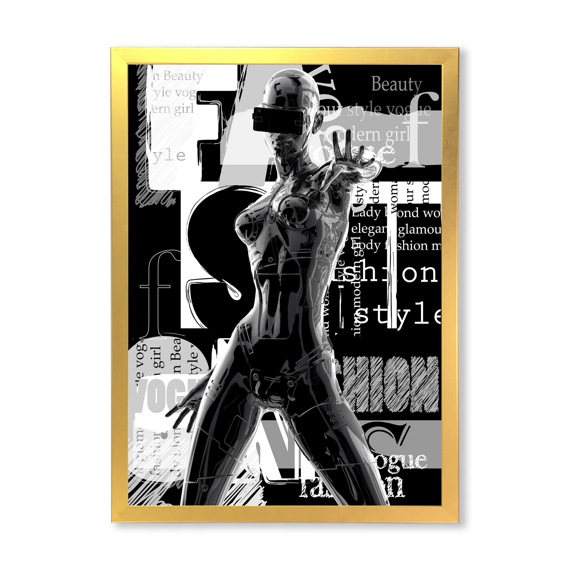 DesignQ Monochrome Cyborg Body II Modern Framed Wall Art - Futuristic Home & Office Decor for Living Room, Bedroom, or Studio