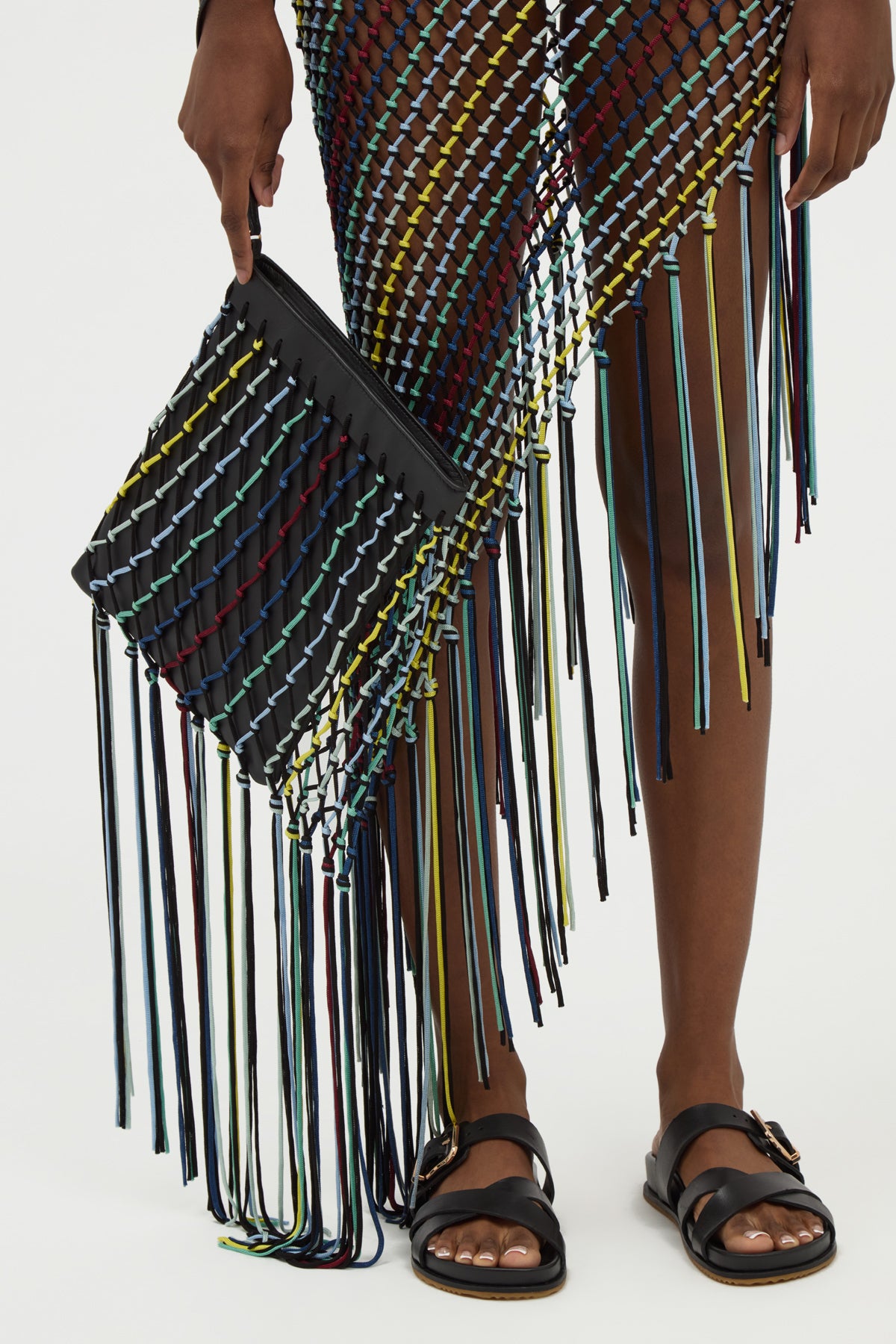 Naila Fringe Pouch in Black Multi Nappa Leather & Silk Macrame - Stylish Crossbody Bag for Women, Perfect for Parties, Concerts and Night Out