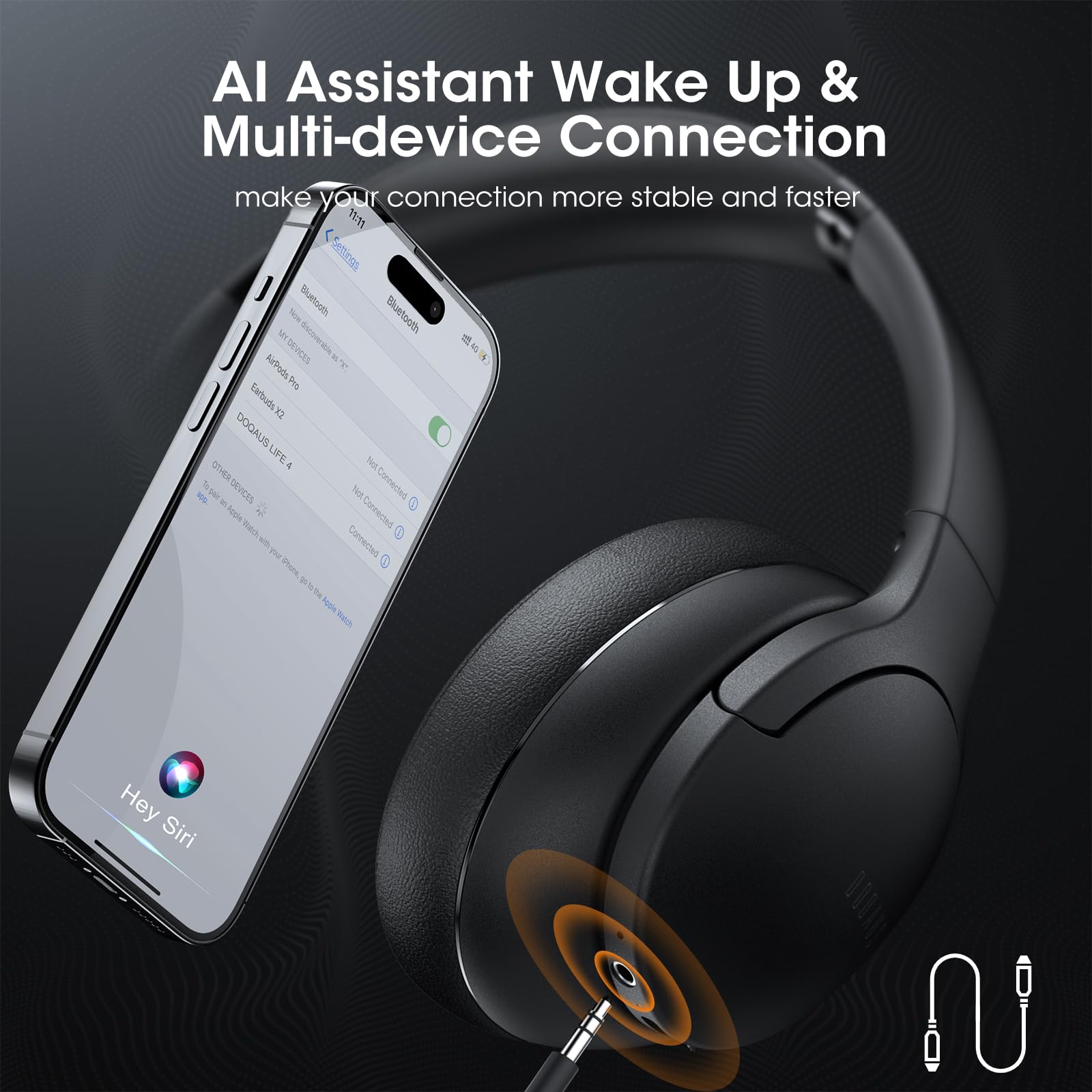 DOQAUS Wireless Over-Ear Headphones with 90H Playtime, Bluetooth 5.0, HiFi Stereo Sound & Deep Bass - Built-in Mic, 3 EQ Modes, Foldable Design for iPhone, Android, PC - Perfect for Travel, Office, Gaming & Home Entertainment (Black)