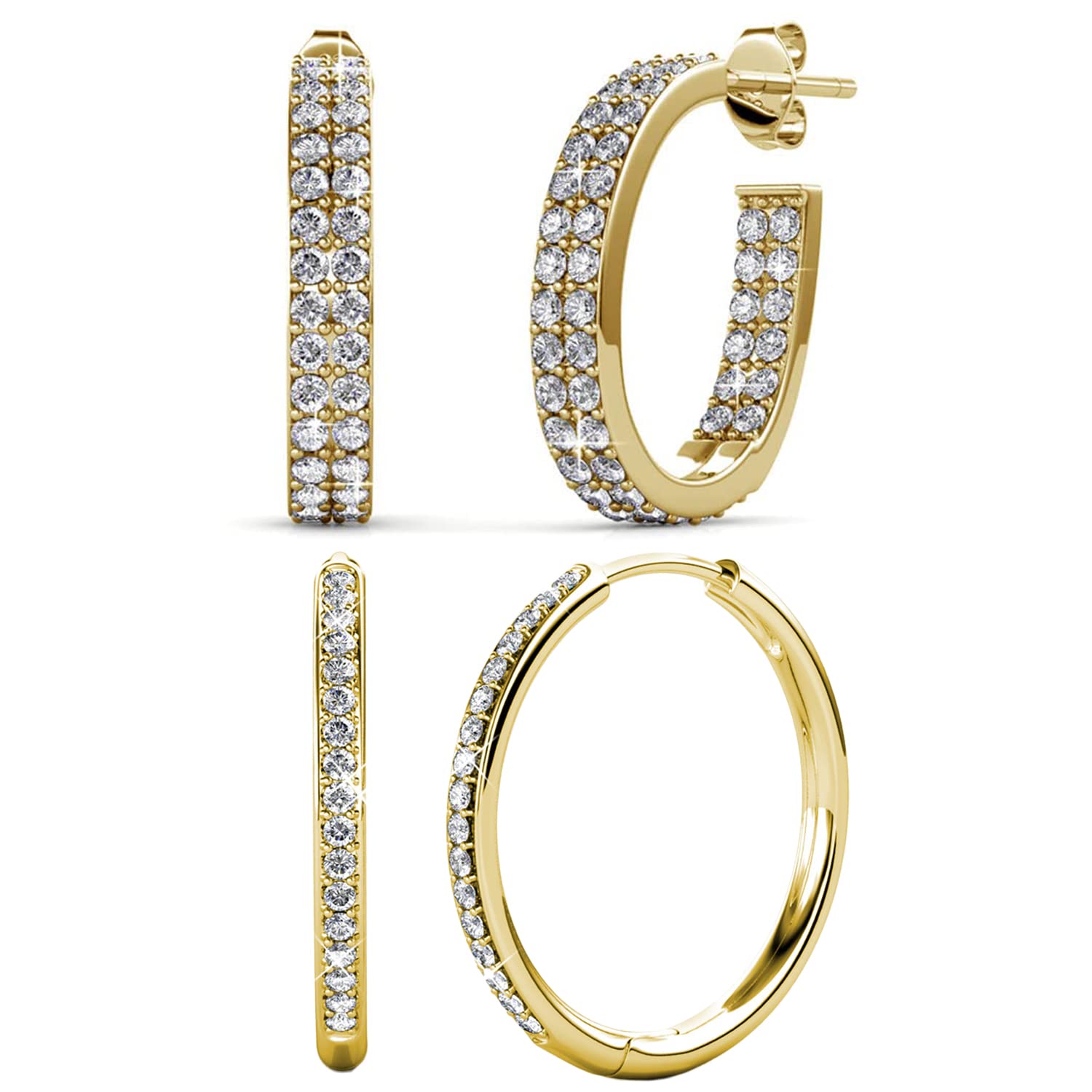 Cate & Chloe 18k Gold Hoop Earrings with Swarovski Crystals - 2 Pairs Luxury Set (Bianca & Grace) - Perfect for Weddings, Parties & Everyday Elegance