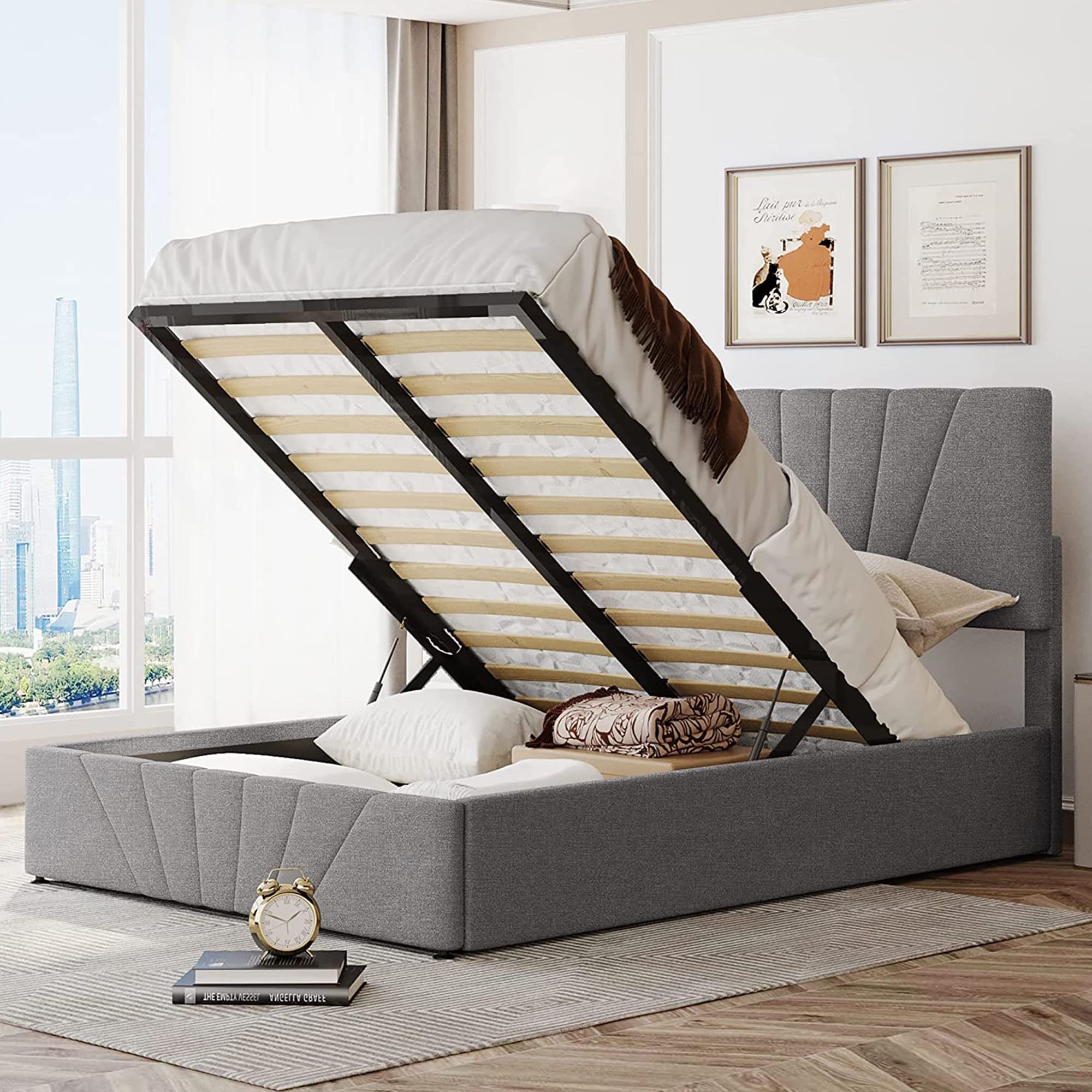 CityLight Upholstered Full Bed Frame with Underbed Storage | Gas Lift Hydraulic Storage System | Adjustable Headboard | Grey Wooden Platform Bed | Perfect for Small Bedrooms & Guest Rooms