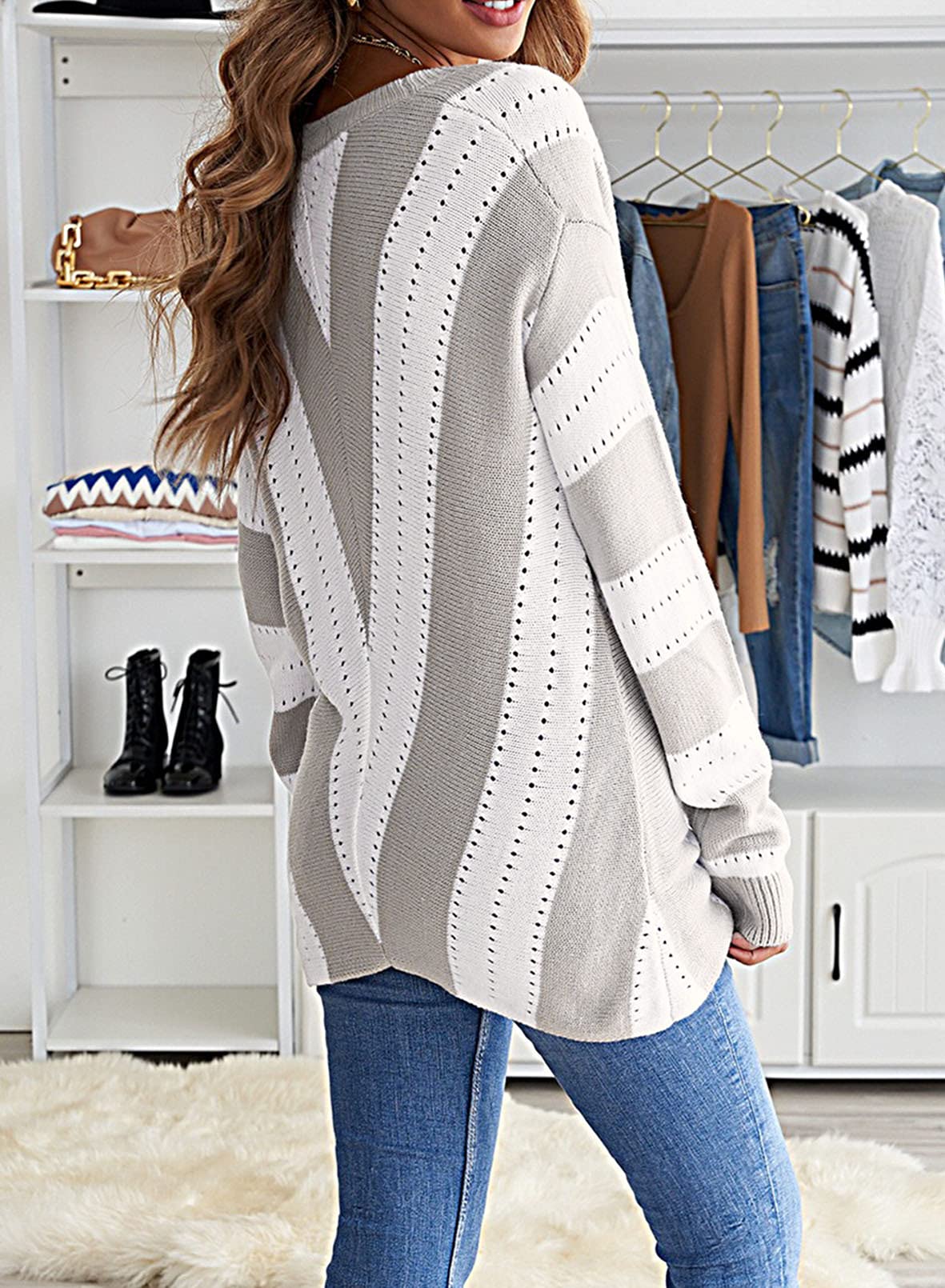 FEKOAFE Women's 2025 Striped Long Sleeve Knit Pullover Sweater - Deep V Neck Casual Tops for Fall & Winter Fashion | Office Wear, Date Night, Holiday Outfits