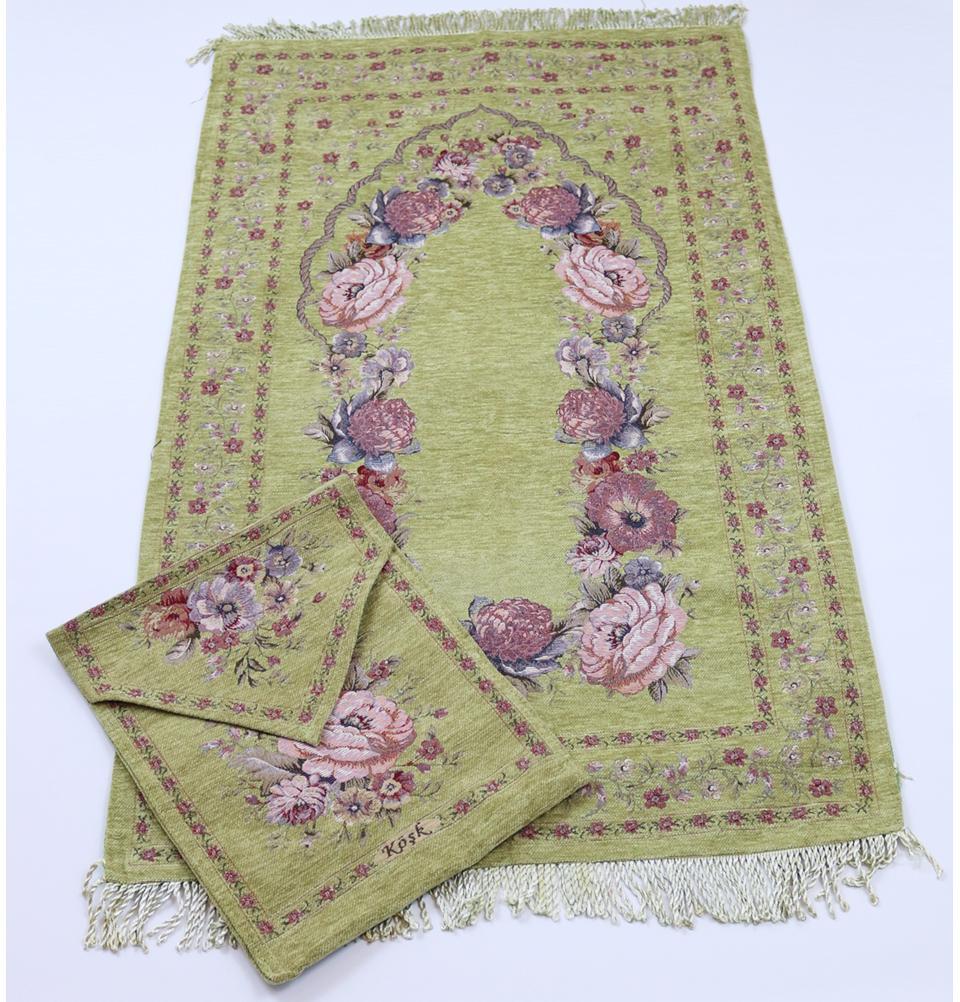 Premium Chenille Embroidered Green Rose Prayer Mat with Storage Bag - Soft Islamic Prayer Rug for Home, Mosque & Travel - Perfect Gift for Muslims