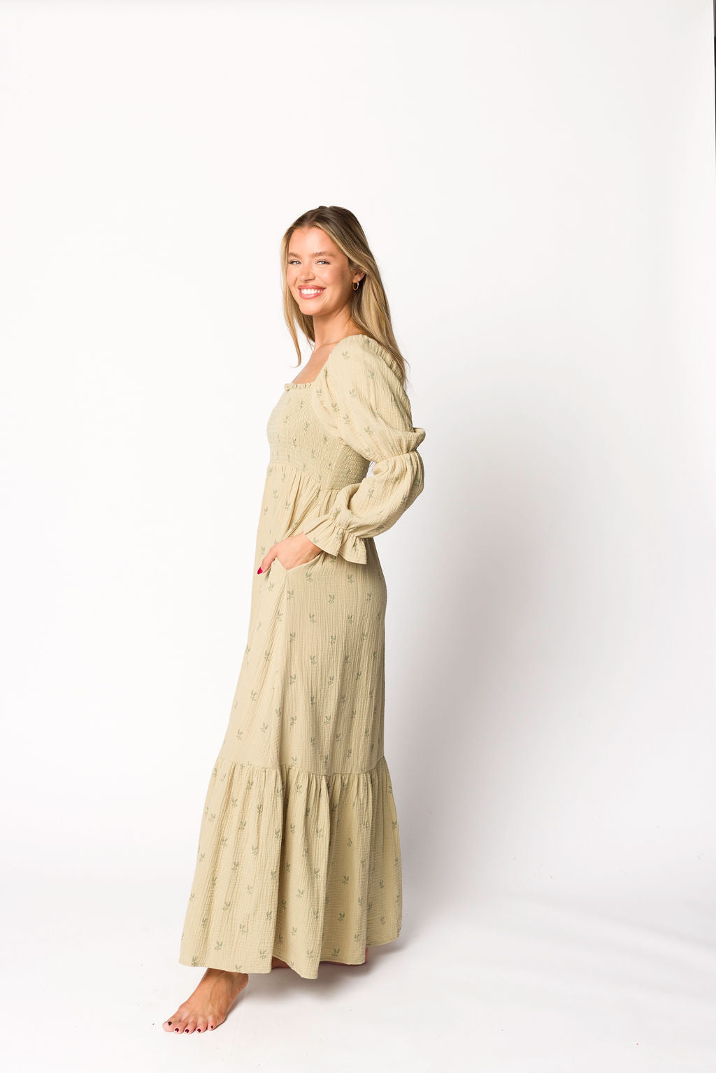 Emerson 100% Cotton Gauze Maxi Dress in Thyme - Bump Friendly Maternity Dress for Pregnancy, Nursing & Postpartum | Comfortable Summer Boho Dress for Beach, Vacation & Casual Wear