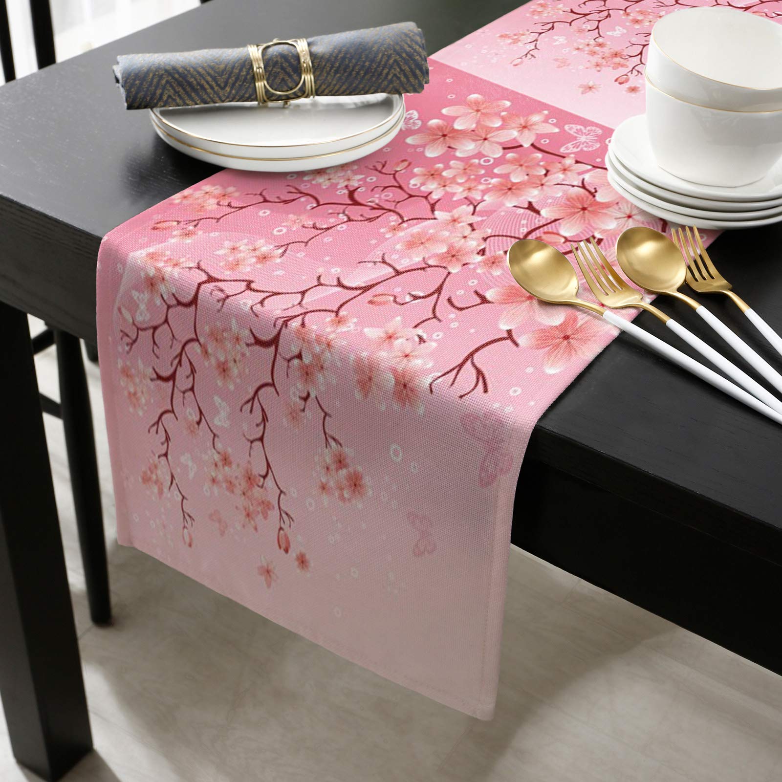 90 Inch Pink Cherry Blossom Burlap Table Runner with Floral Butterfly Design - Elegant Bed Runner, Dresser Scarf for Indoor/Outdoor Weddings, Parties & Home Decor (13