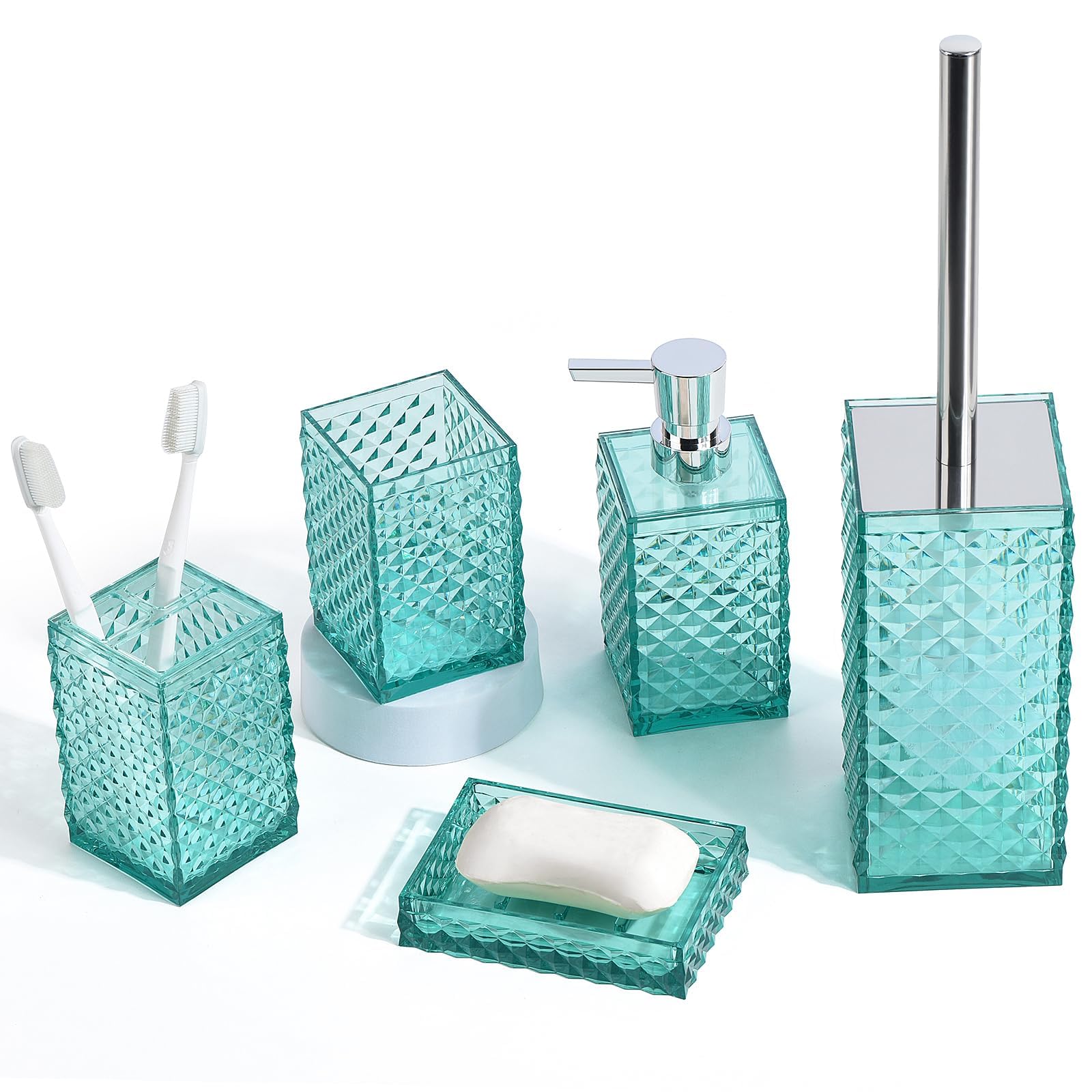 Teal Blue Acrylic Bathroom Accessories Set - 6 Piece Modern Bath Decor with Toothbrush Holder, Cup, Soap Dispenser, Toilet Brush & Holder, Soap Dish | Perfect Housewarming Gift for Bathroom Organization & Stylish Home Decor