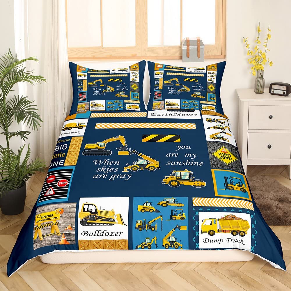 Kids Construction Truck Bedding Set - Excavator, Bulldozer Duvet Cover for Boys | Twin Size Construction Site Theme Bedroom Decor | Perfect for Playful Bedrooms & Construction-Themed Birthday Gifts