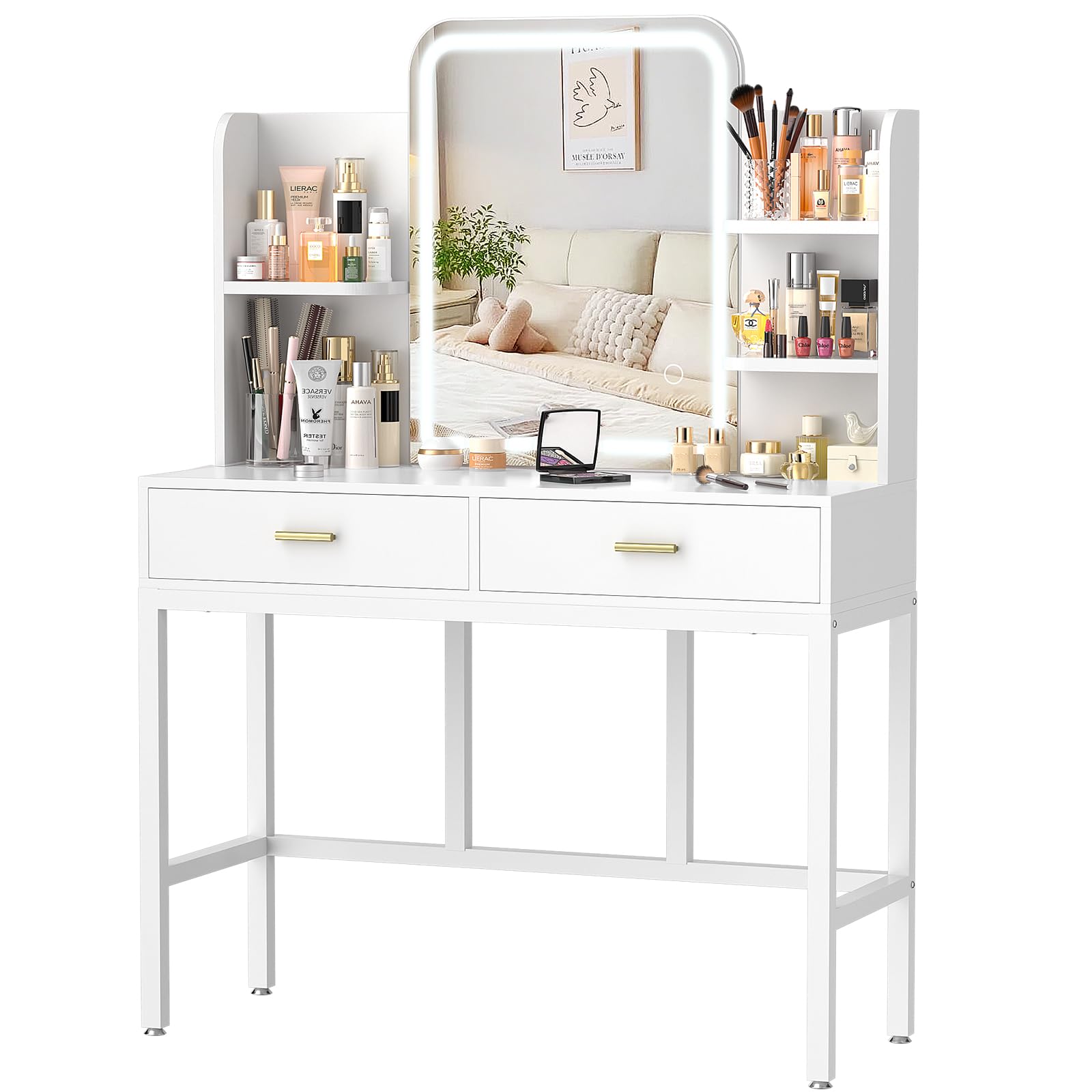 Vanity Desk with LED Mirror & Storage - Adjustable Brightness Makeup Dressing Table for Women & Girls, White (Bedroom, Beauty Salon, Home Decor)