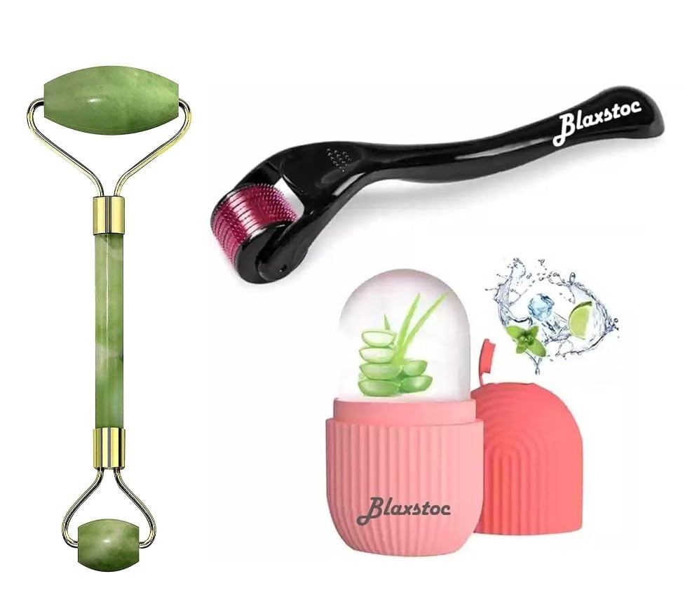 BLAXSTOC Dual Ended Jade Roller & 540 Titanium Needle Hair Growth Roller & Ice Face Massager Set - Natural Himalayan Stone, 0.5mm Micro Needles, Silicone Facial Cube - Perfect for Skincare Routine, Anti-Aging, and At-Home Spa Treatments