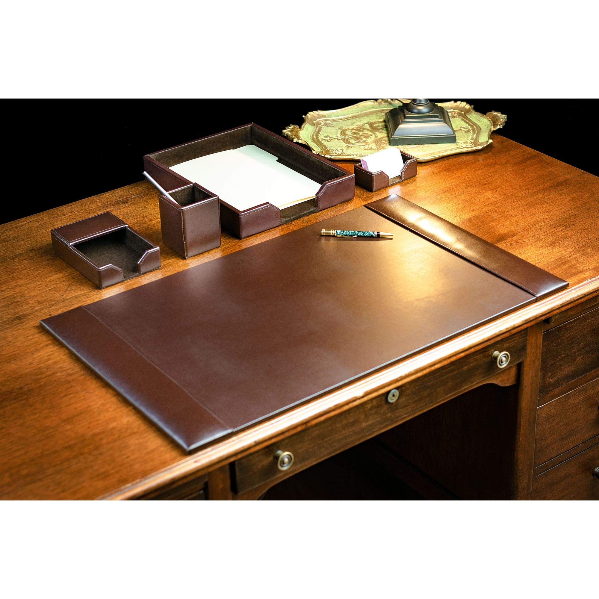 Premium Dacasso Bonded Leather Desk Set - 5-Piece Dark Brown Office Organizer with Leather Desk Pad, Pen Holder & Accessories - Perfect for Executive Desks, Home Offices & Professional Workspaces