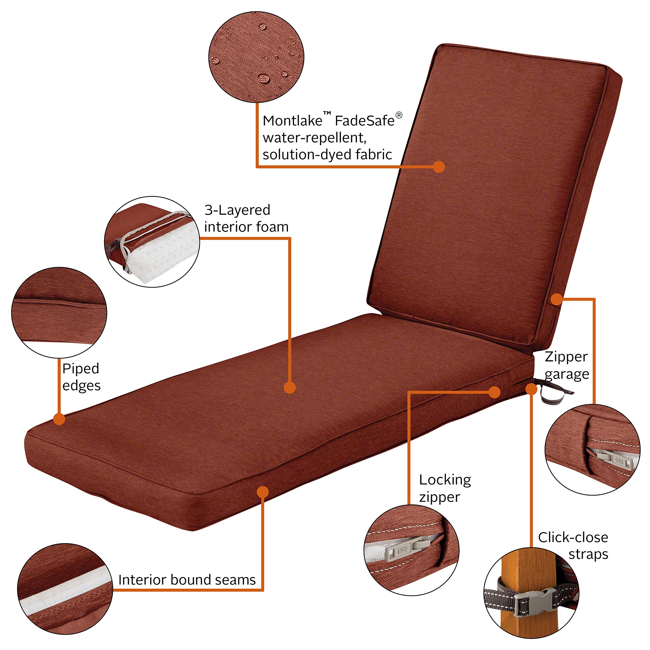 Classic Accessories Montlake Outdoor Chaise Lounge Cushion 74x23 - FadeSafe, Water-Repellent, Heather Henna - Perfect for Patio, Poolside, and Garden Relaxation