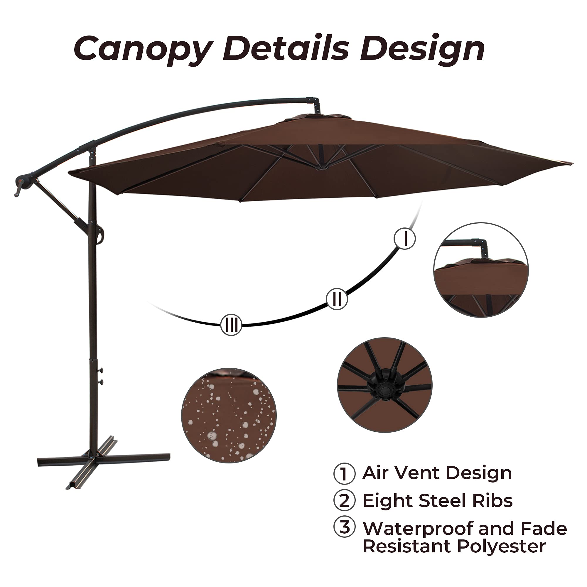 10FT Offset Cantilever Patio Umbrella with Crank & Cross Base - Outdoor Hanging Market Umbrella for Backyard, Poolside, Lawn, Garden - Sun Shade for Dining, Lounging, and Outdoor Relaxation (Brown)
