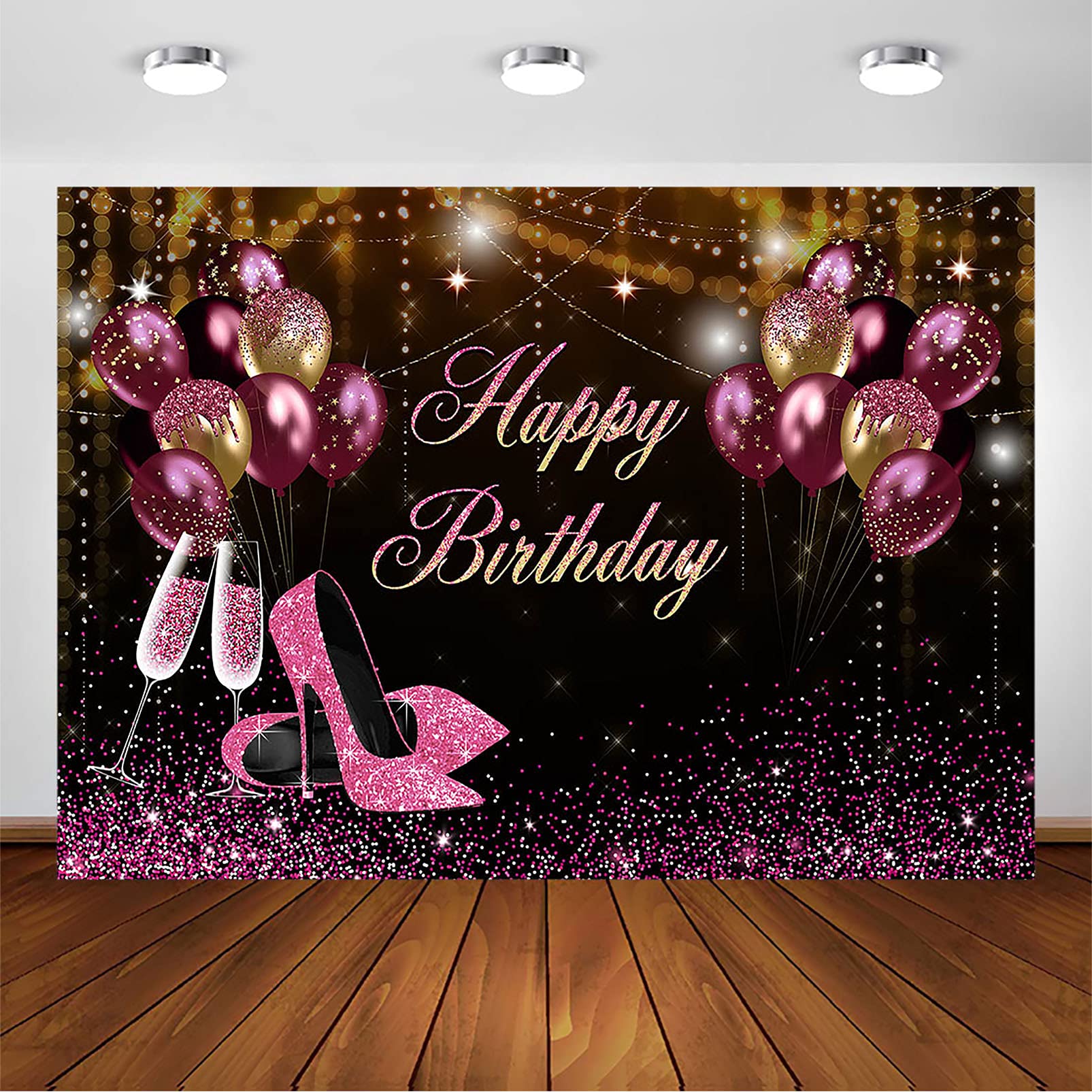 Elegant Black Gold Pink Glitter Birthday Backdrop for Girls & Women - 10x7ft Photography Background for Birthday Parties, Baby Showers, Bridal Showers & Special Events - High Heels, Champagne & Golden Balloons Theme Decor