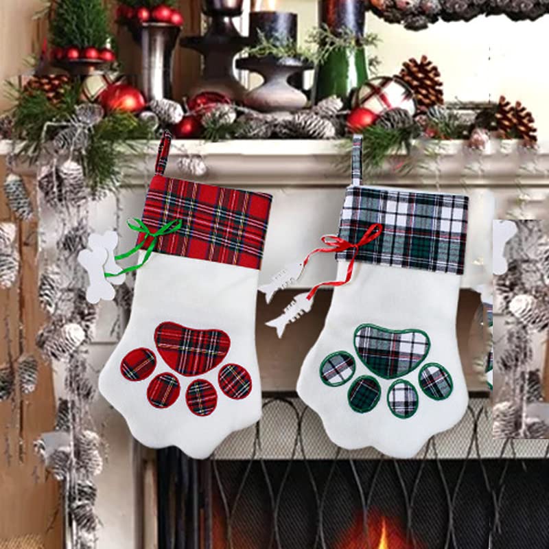 SherryDC Christmas Dog Paw Stockings - Plush & Plaid Pet Holiday Decorations for Dogs - Festive Hanging Socks for Fireplace, Door, Wall - Perfect for Christmas Tree, Gift Exchange & Holiday Home Decor