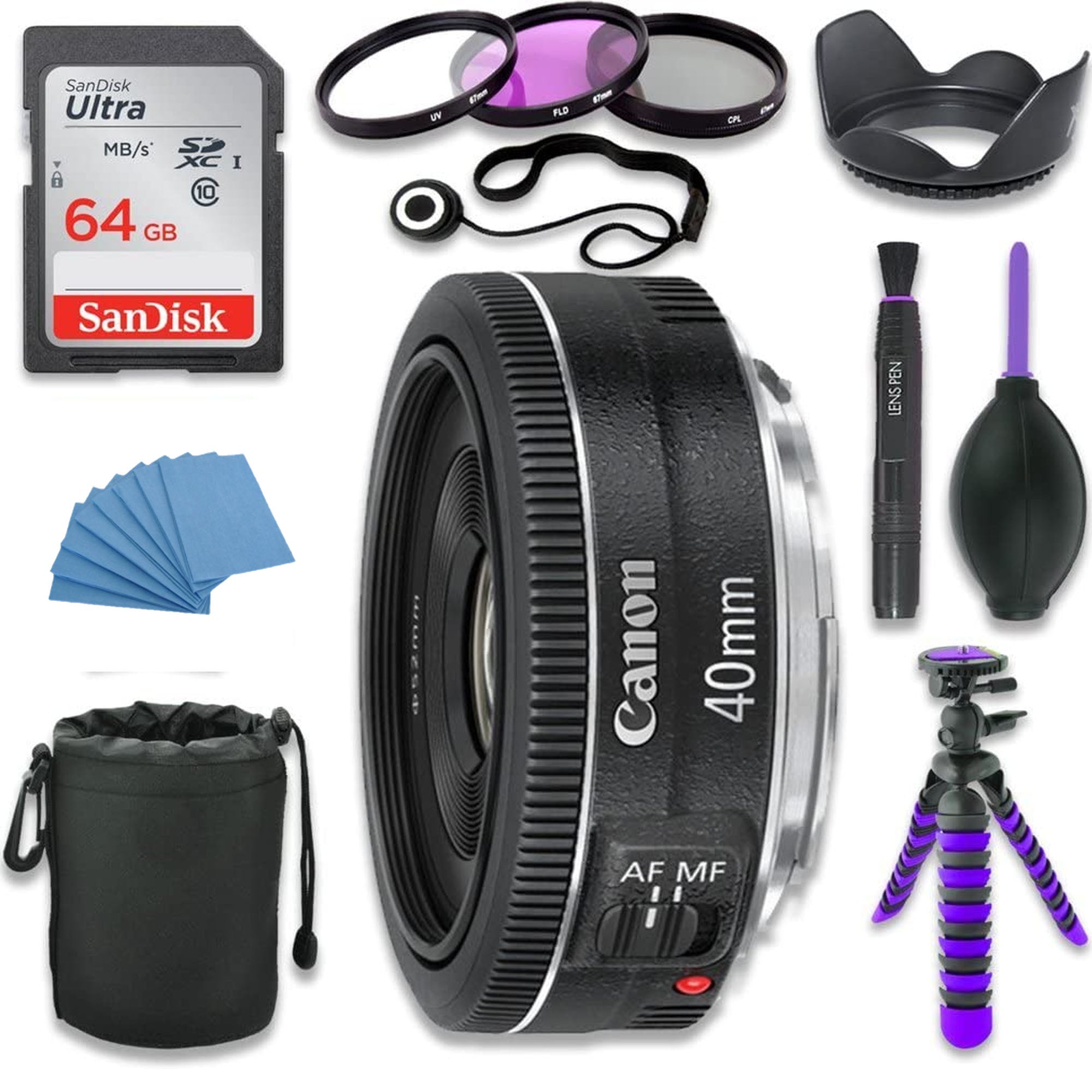 Canon EF 40mm f/2.8 STM Lens with 64GB Memory Card & Flexible Tripod - Professional Photography Kit for Portraits, Travel & Low-Light Shooting