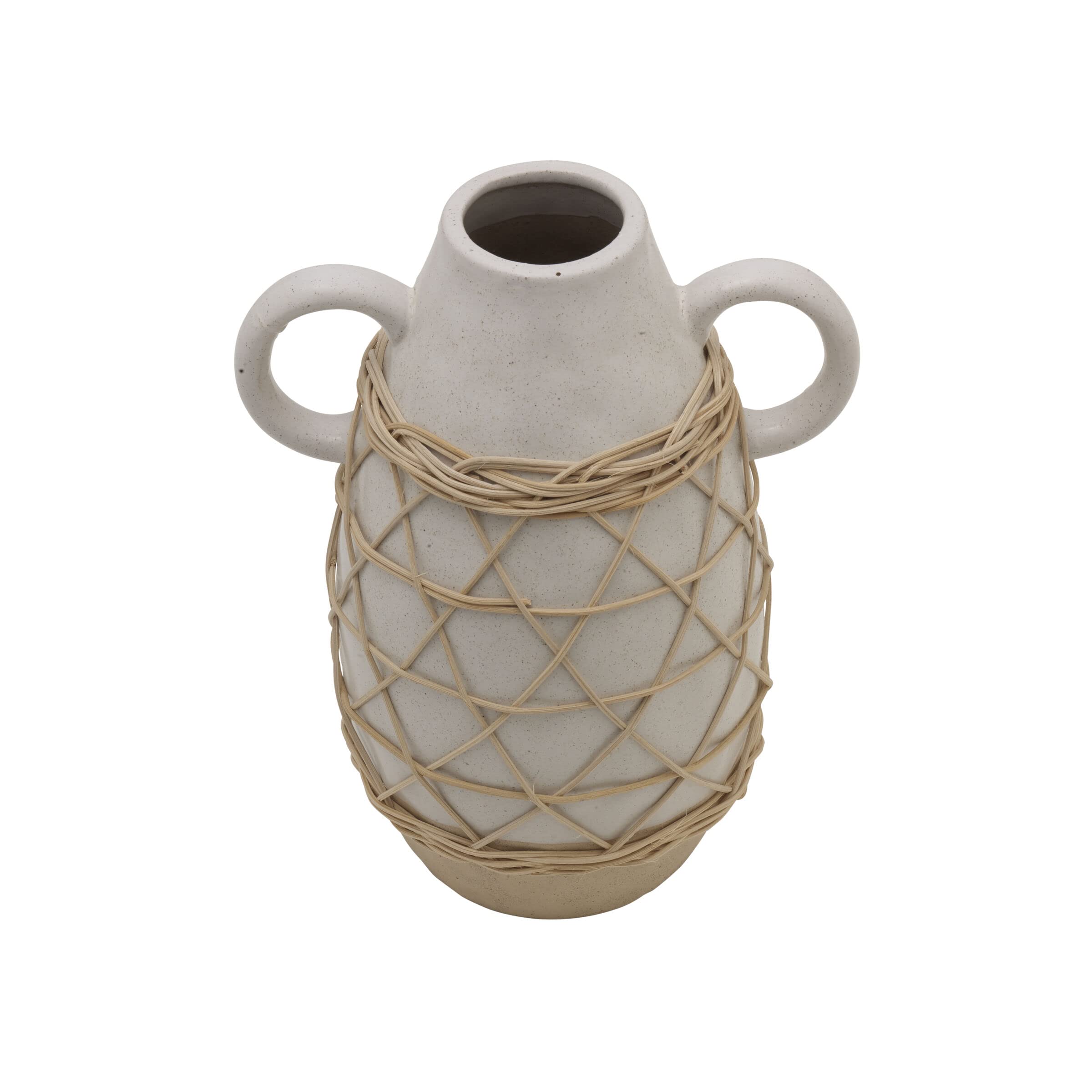 Handmade White Ceramic Vase with Rattan Weaving and Handles - 9 Inch Decorative Flower Pot for Home, Office, Wedding & Boho Decor