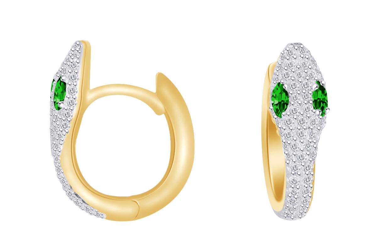 14k Gold Over Sterling Silver Oval Emerald Serpentine Hoop Earrings with Simulated Cubic Zirconia - Elegant Dangle Earrings for Women, Perfect for Parties, Weddings & Evening Events